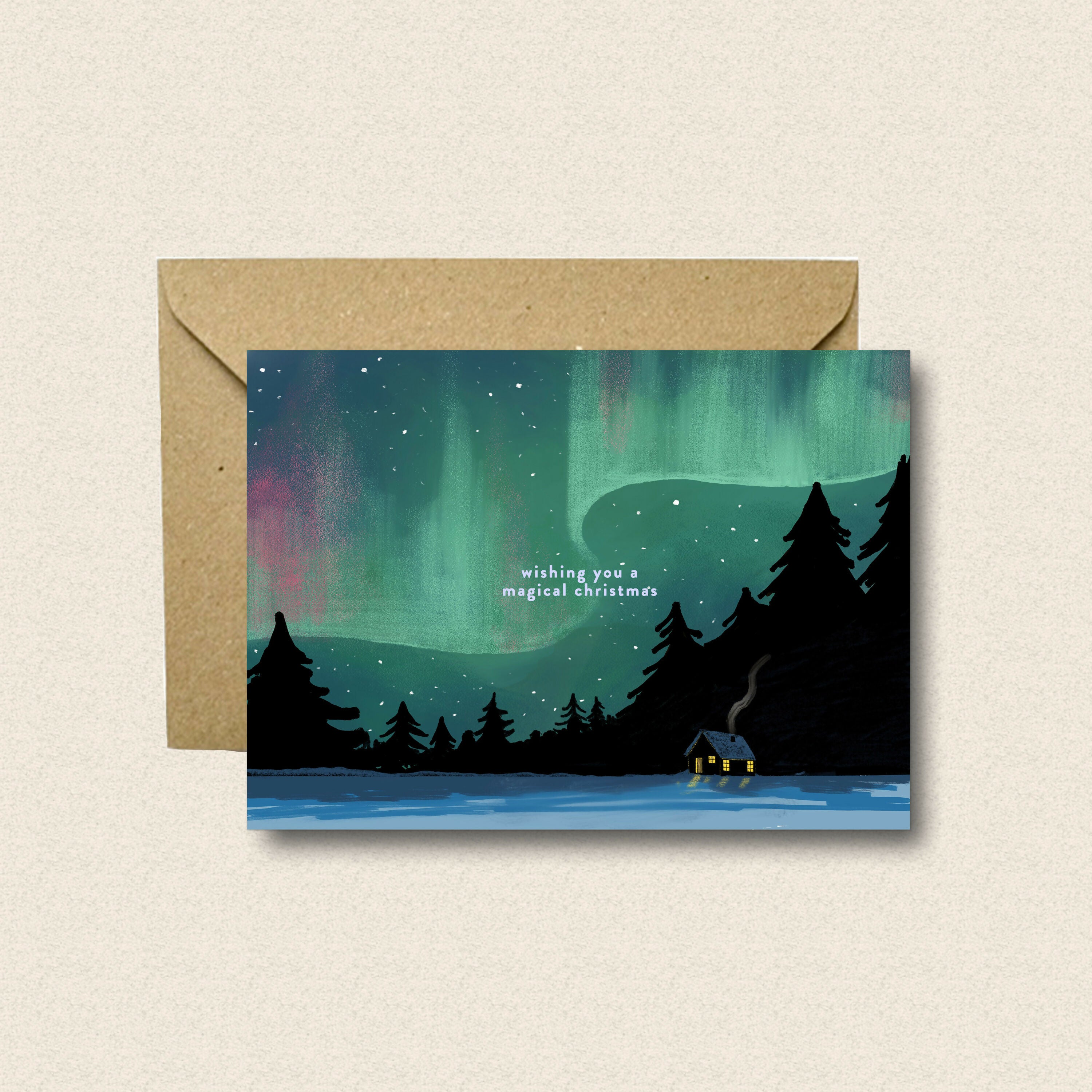 Northern Lights Cabin Christmas Card