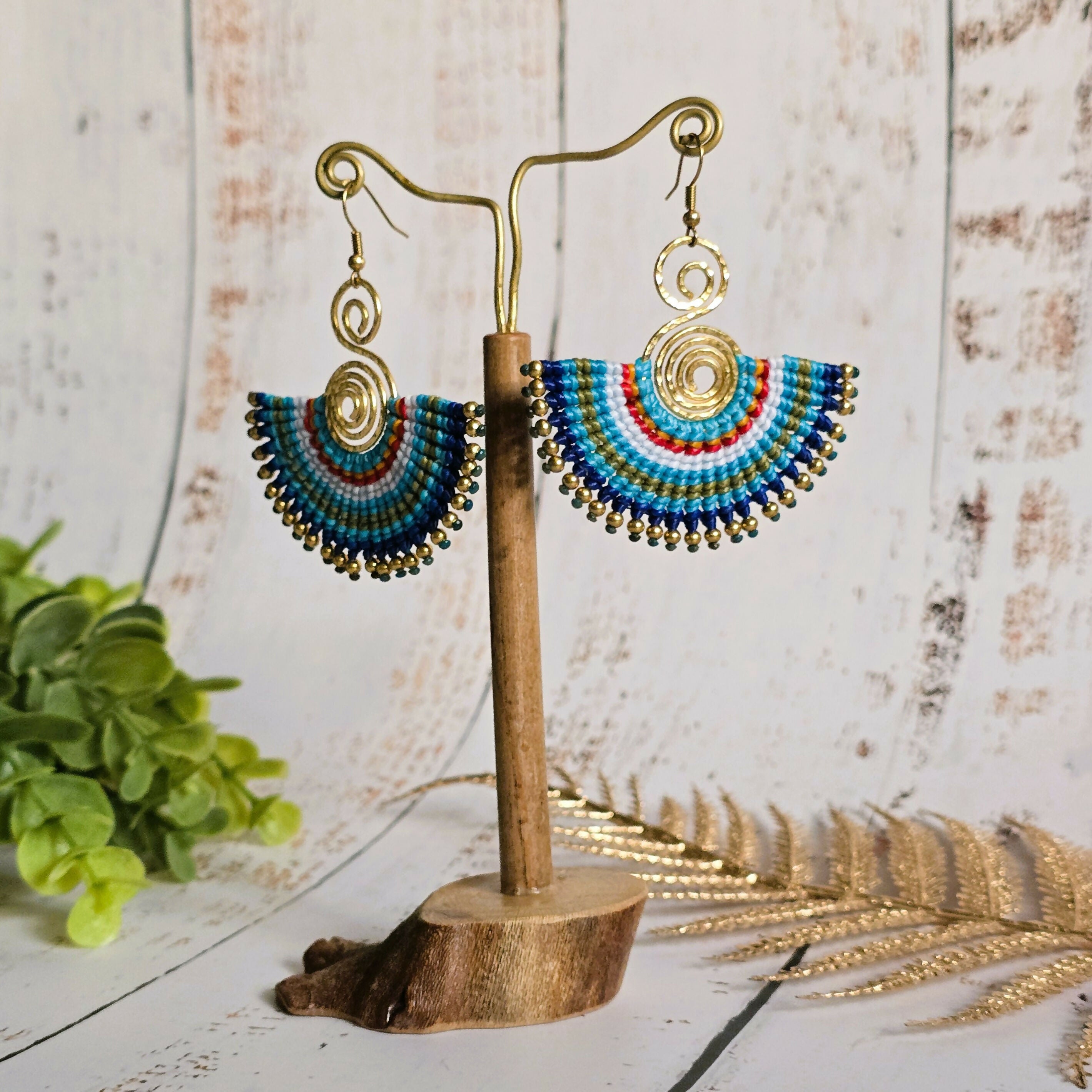 Blue Macrame Earrings; Egyptian Fan Gold Wire Spiral Bohemian Earrings