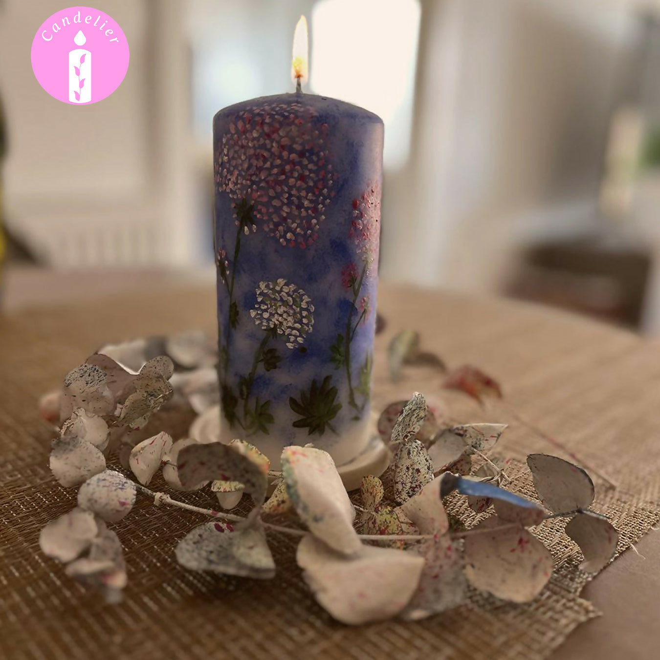 Blue Candle with Floral Design