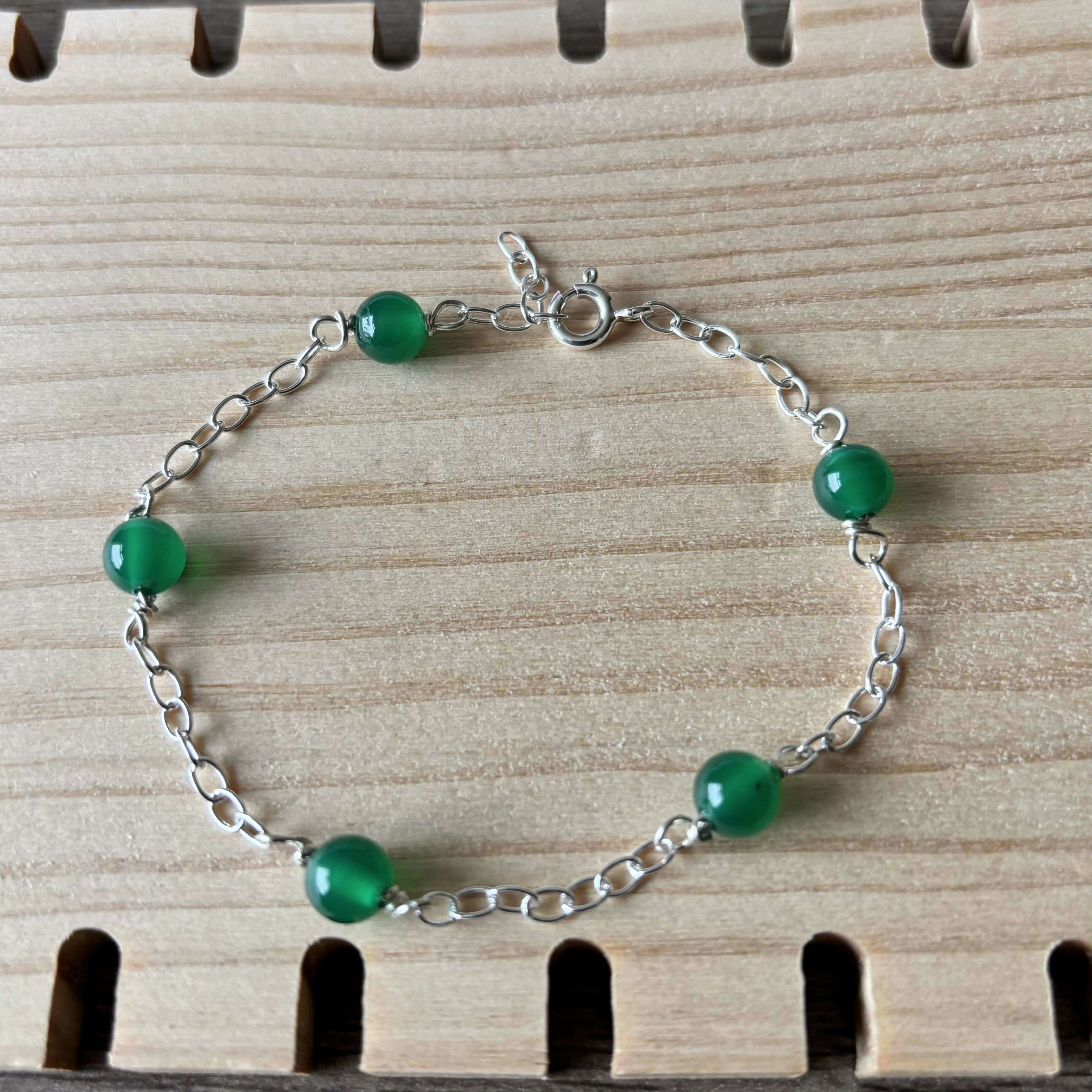 Sterling Silver Natural Green Agate Bracelet