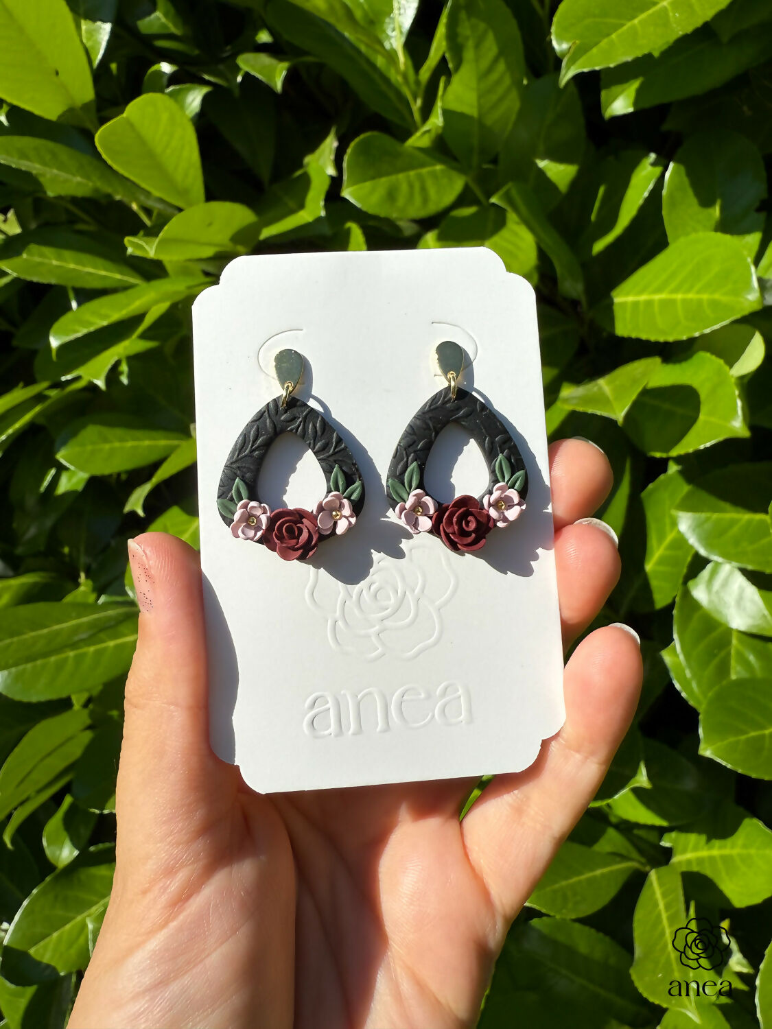 Dark Floral Drop Earrings with Bordeaux Rose and Pink Flower Detail