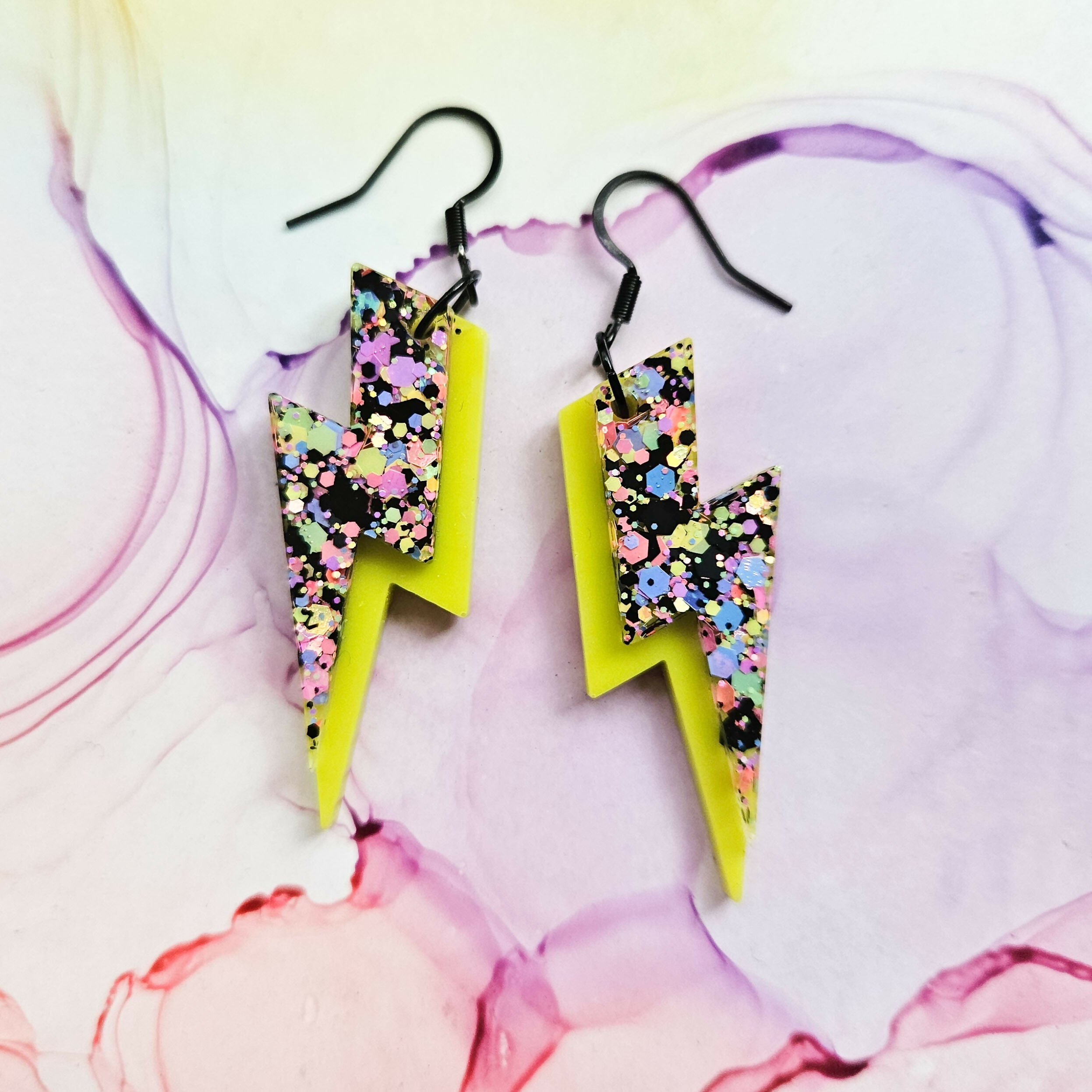 Handmade Lime And Glitter Bolt Resin Earrings