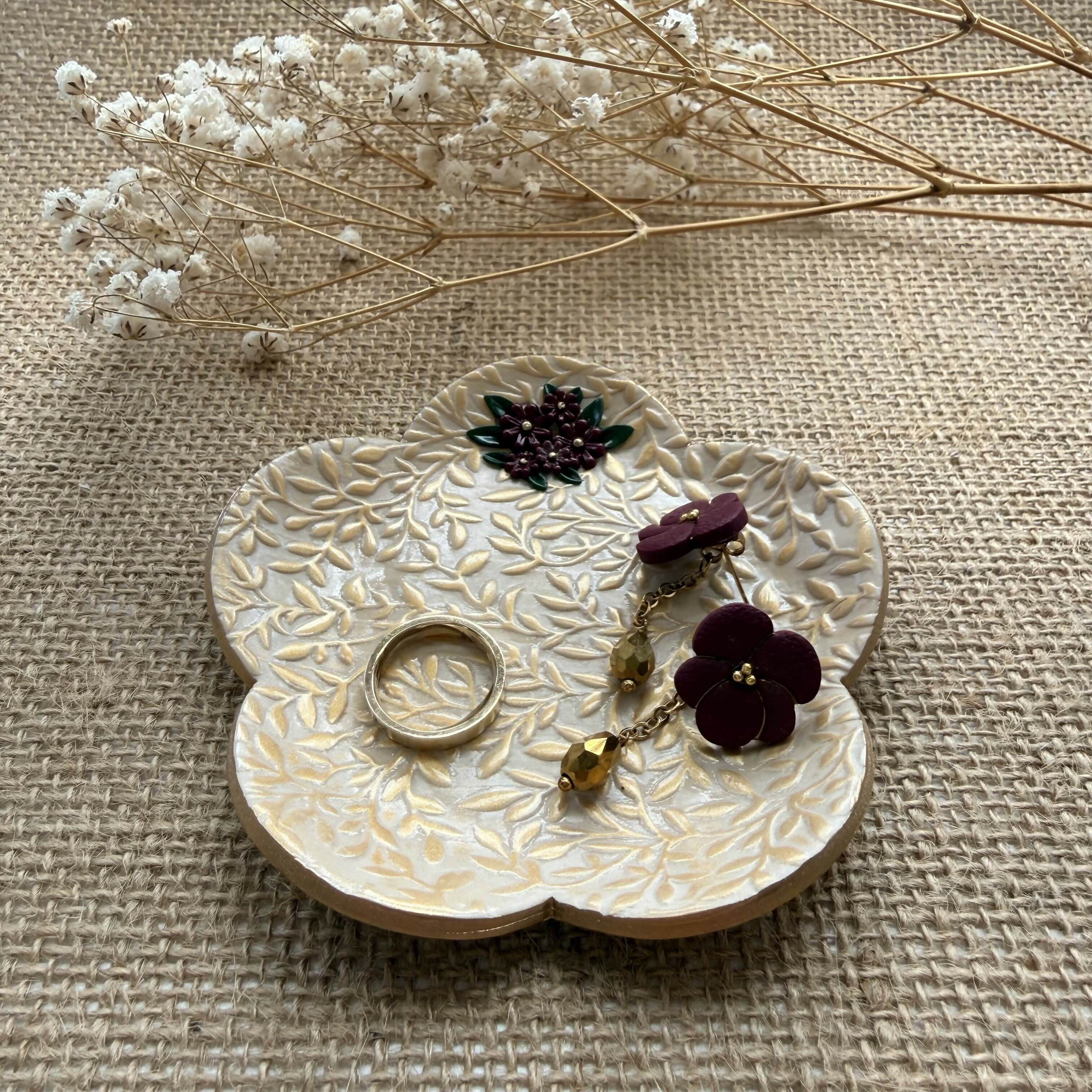 Handmade Botanical Trinket Dish with Leaf Texture and Floral Detail