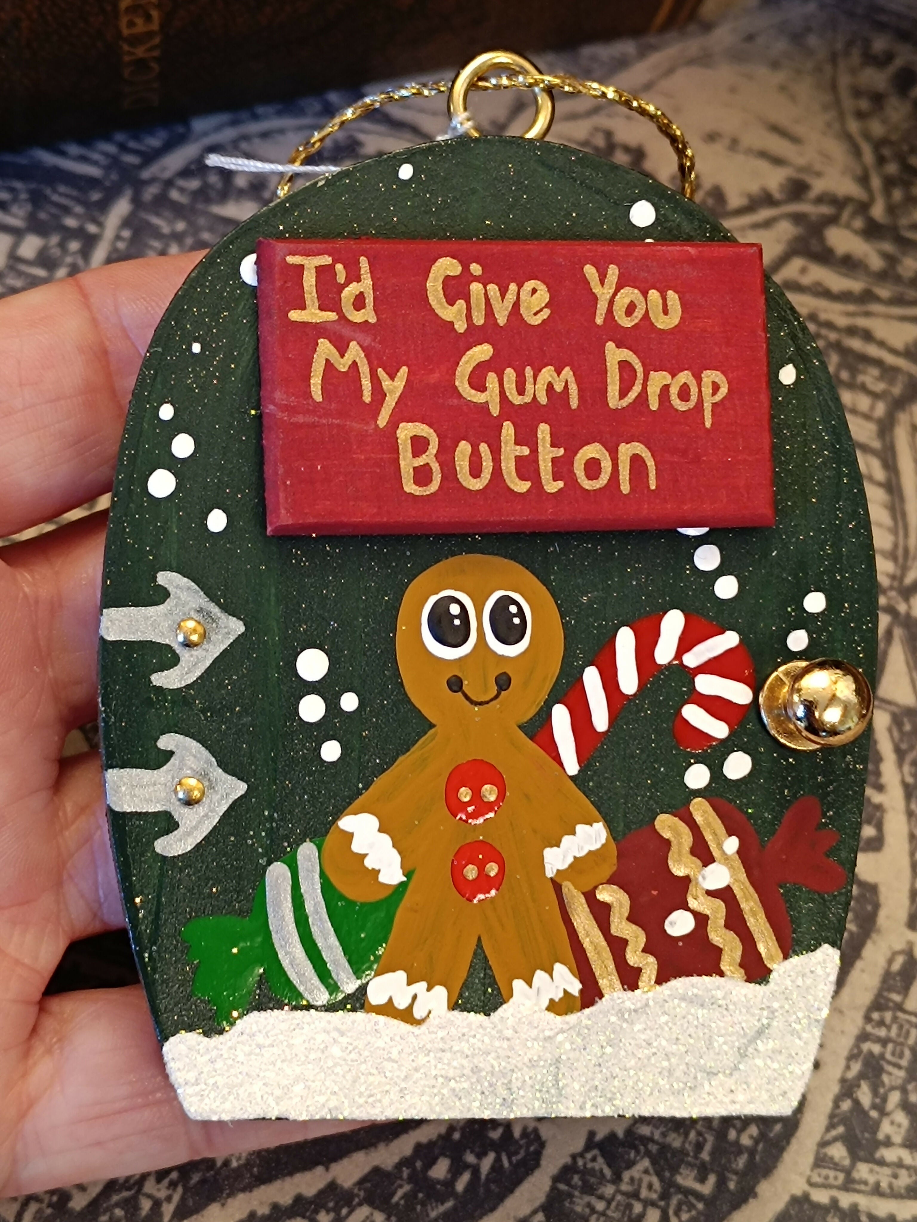 Handmade Wooden Gingerbread Man Door Ornament – "I'd Give You My Gum Drop Button" Cute Christmas Tree Decoration & Funny Holiday Gift