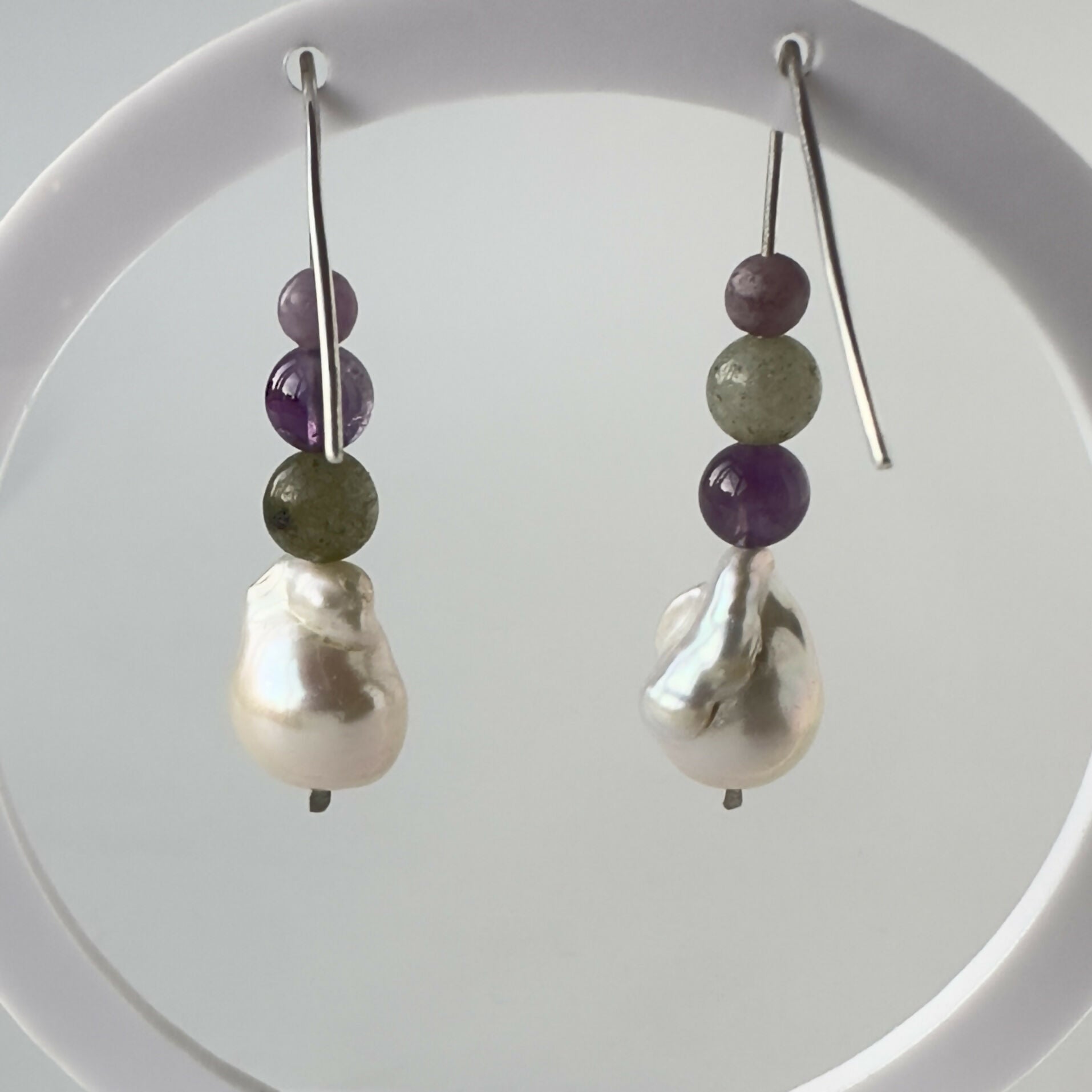 HEALING CRYSTAL & STERLING SILVER THIRD EYE CHAKRA EARRINGS WITH BAROQUE PEARLS