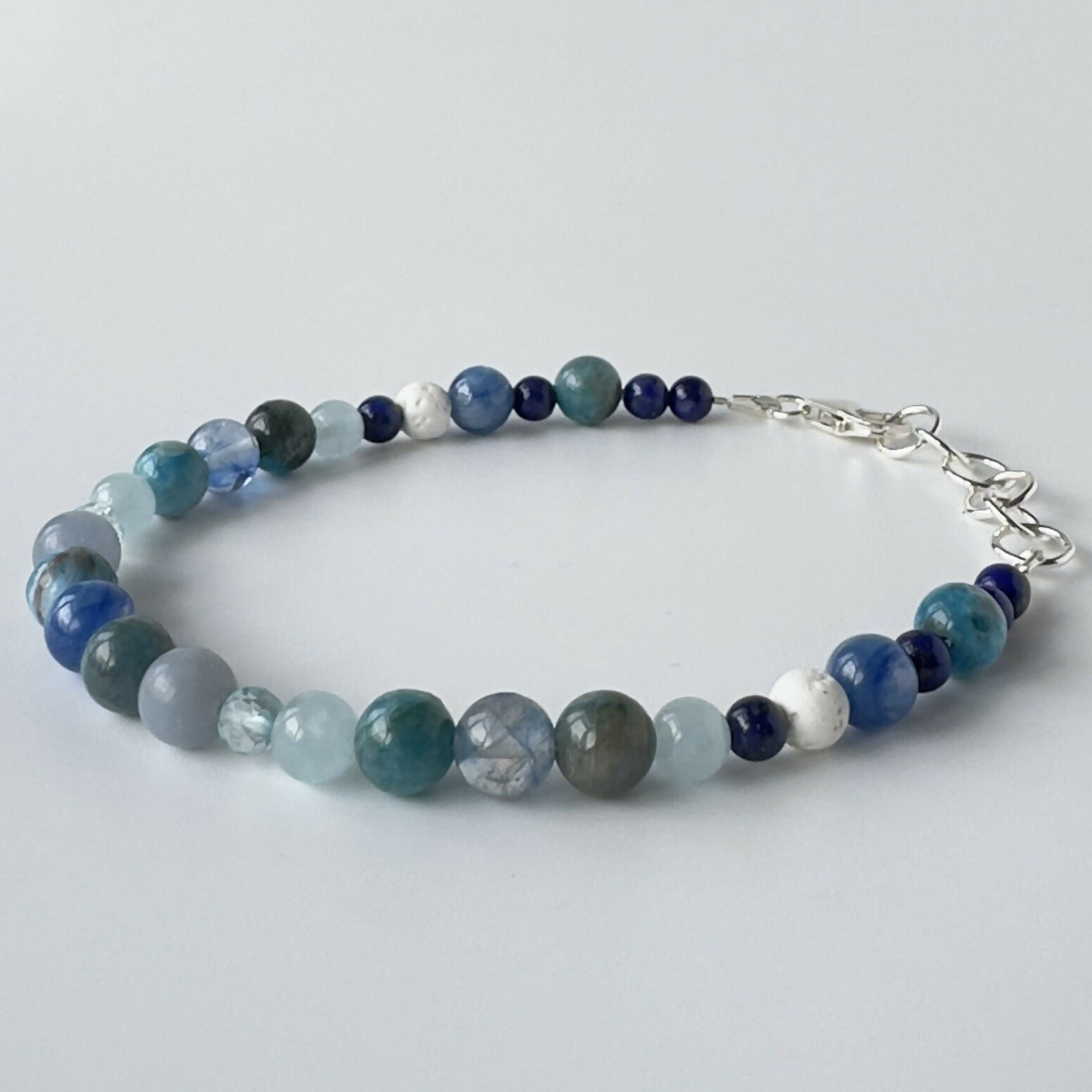 HEALING CRYSTAL & STERLING SILVER THROAT CHAKRA BRACELET WITH AROMATHERAPY BEADS