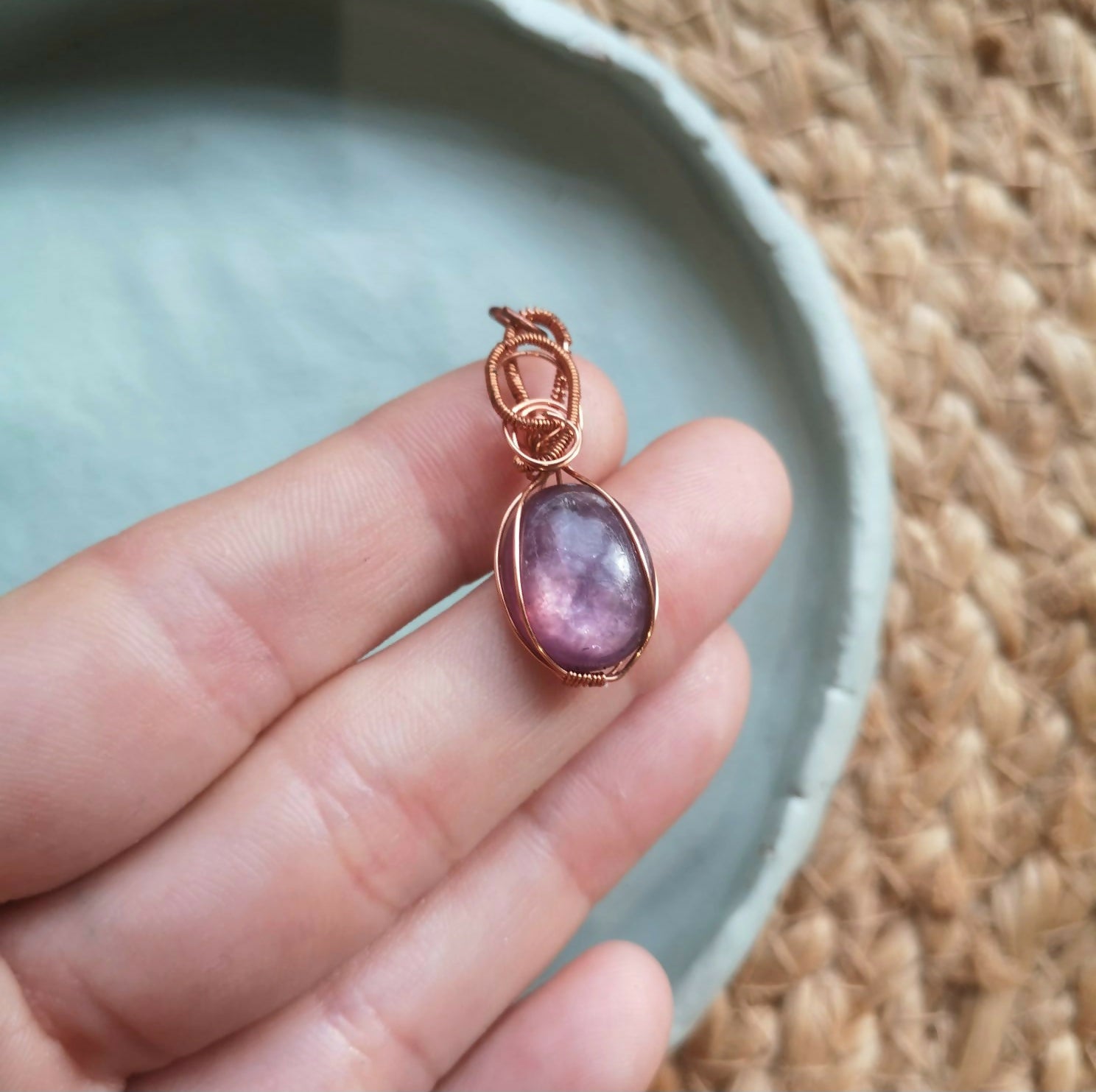 Natural Lepidolite & Copper Pendant With Suede Cord.