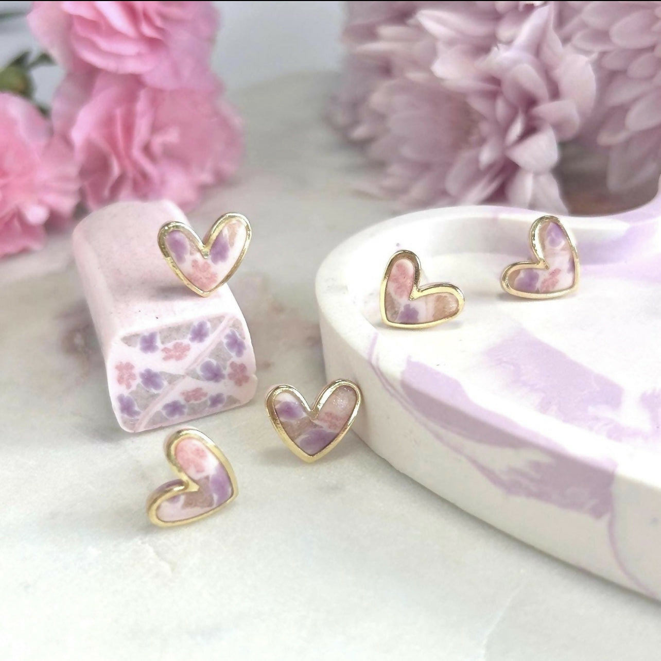 Soft Purple Flower Heart Studs