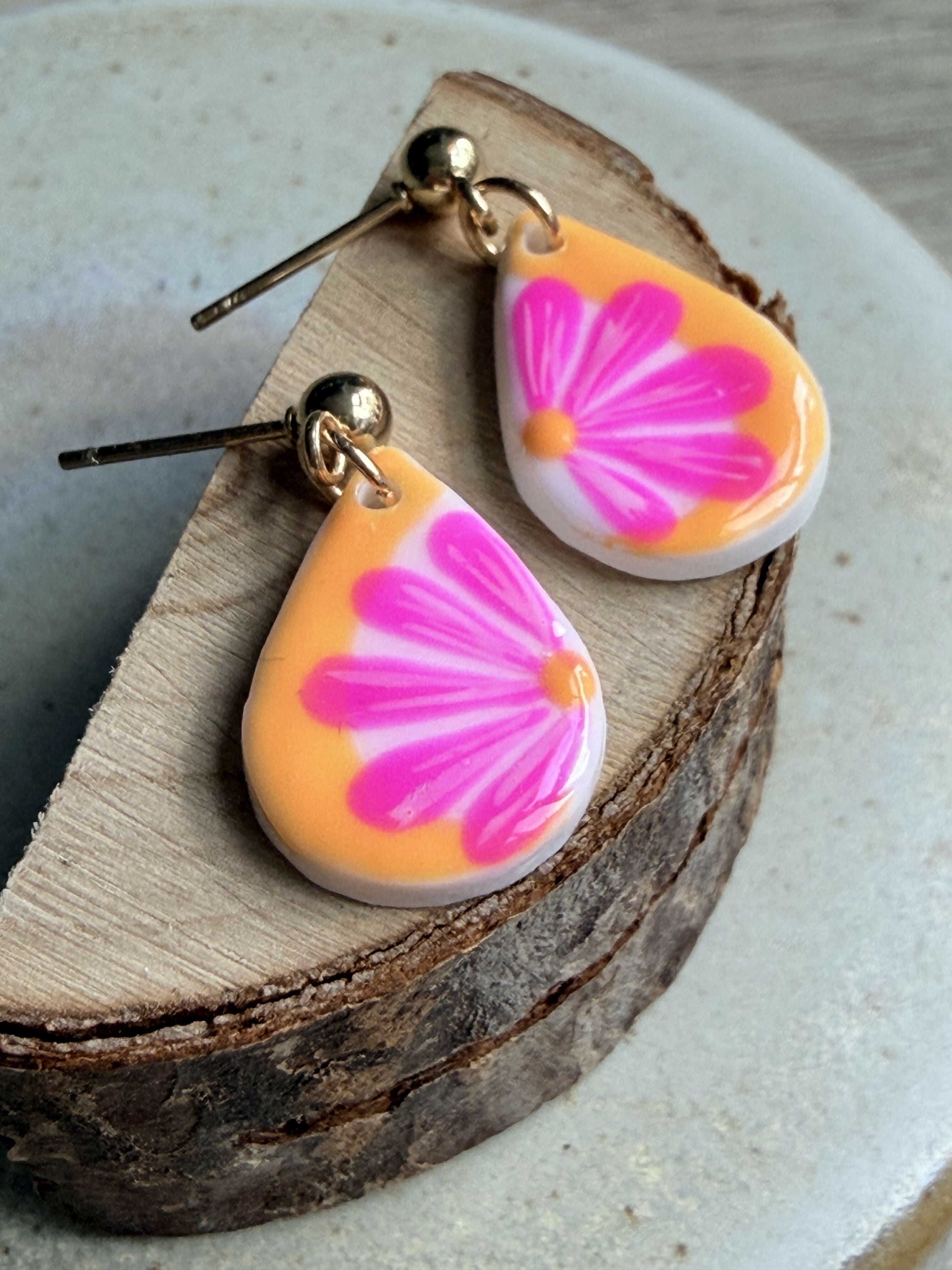 Orange and Pink Flowers Clay Earrings
