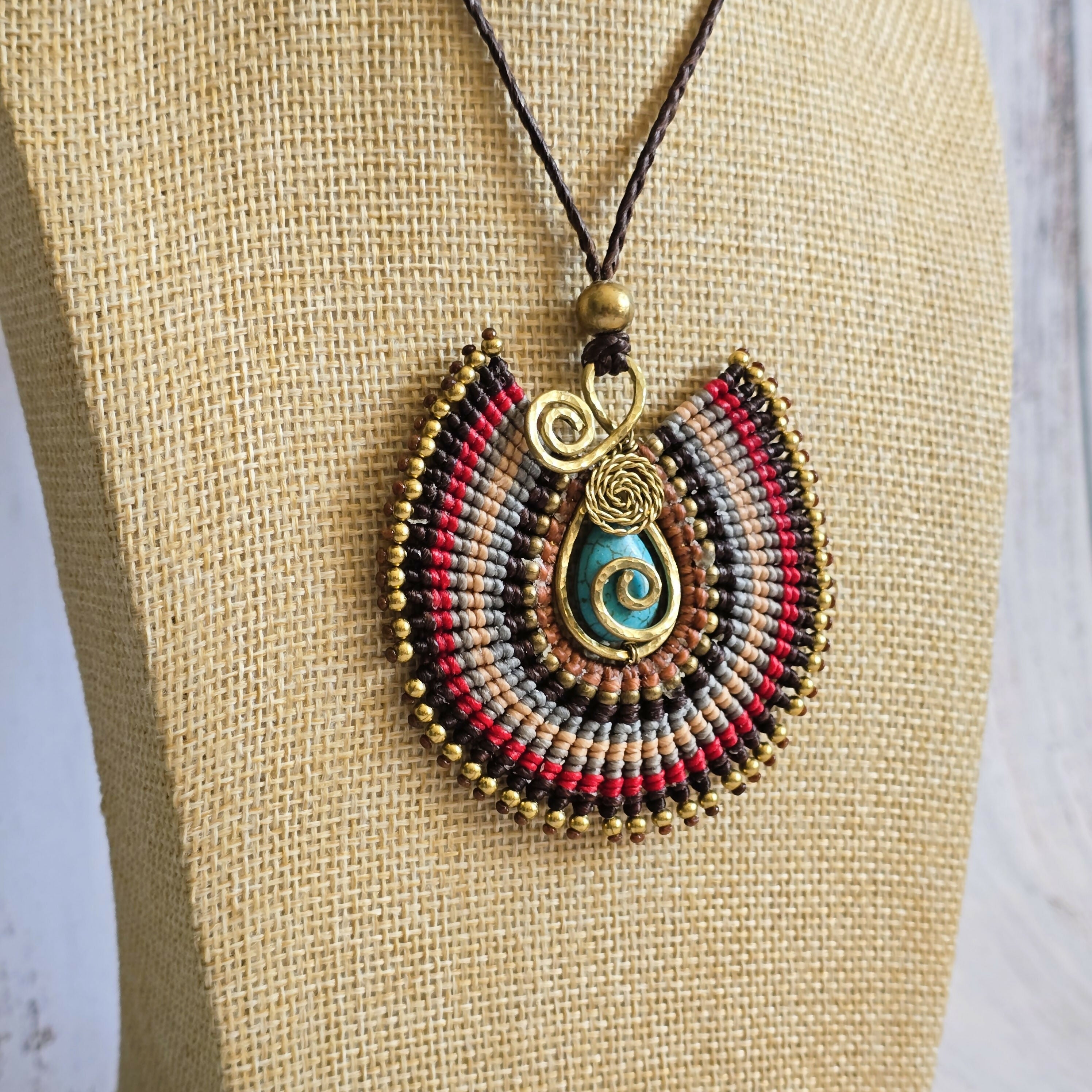 Turquoise Crystal Macramé Necklace; Regal Oval Bohemian Pendant with Gold Spiral Wire-Art