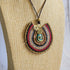 Turquoise Crystal Macramé Necklace; Regal Oval Bohemian Pendant with Gold Spiral Wire-Art