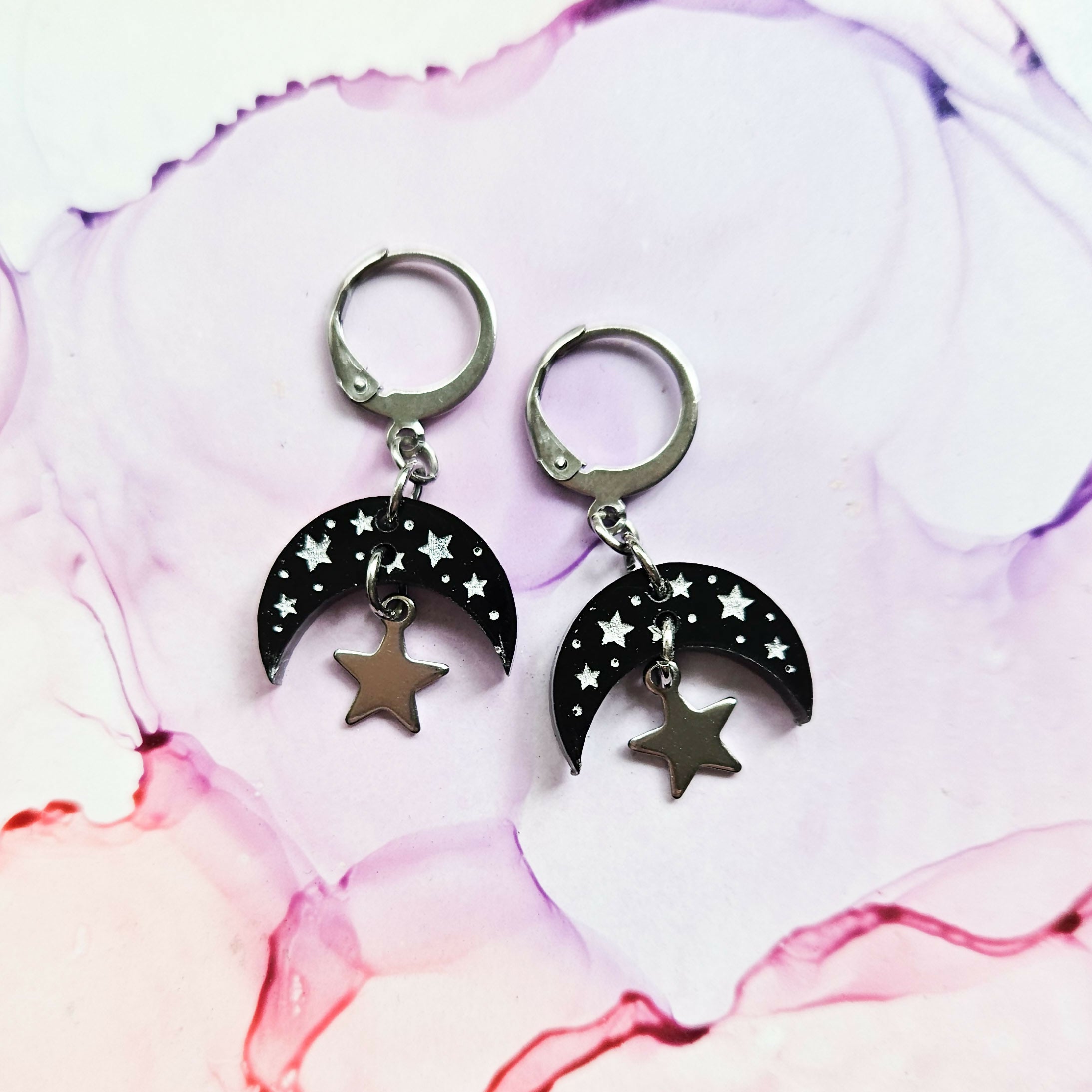 Handmade Half Moon And Silver Star Charms Resin Huggie Hoops
