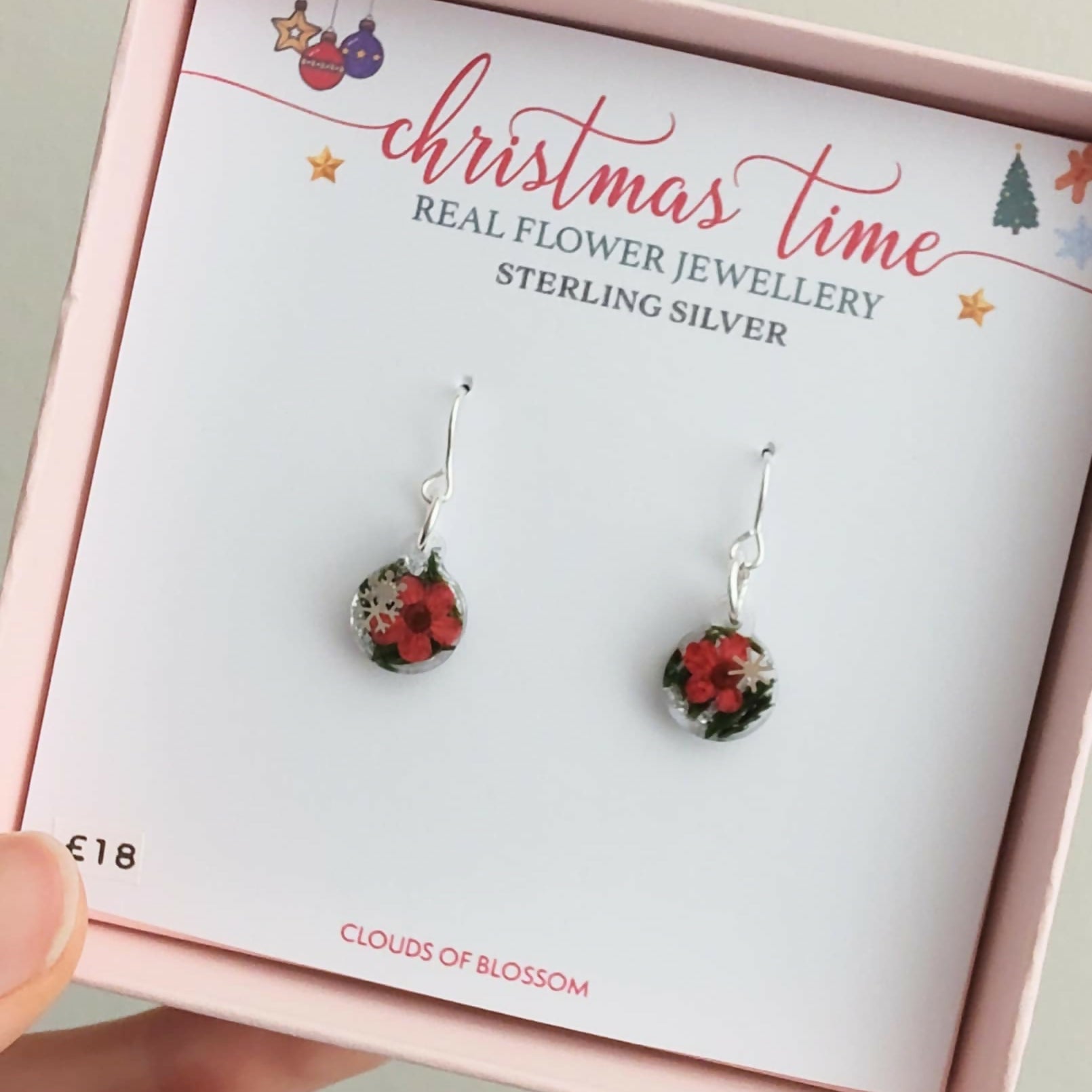 Real Christmas Tree Leaves Red Flower and Snowflake Earrings Sterling Silver