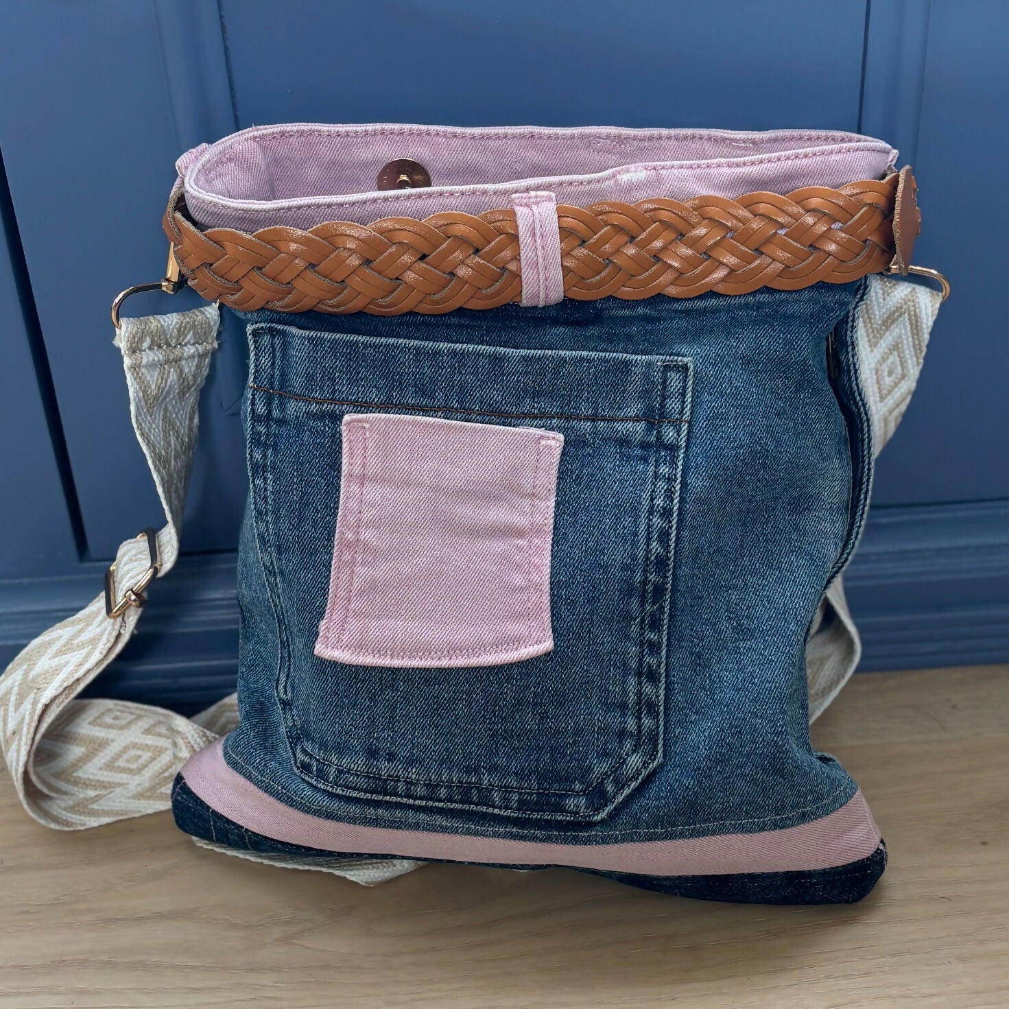 Unique Handcrafted Denim Bag Handbag Made From Upcycled Jeans With Leather Belt