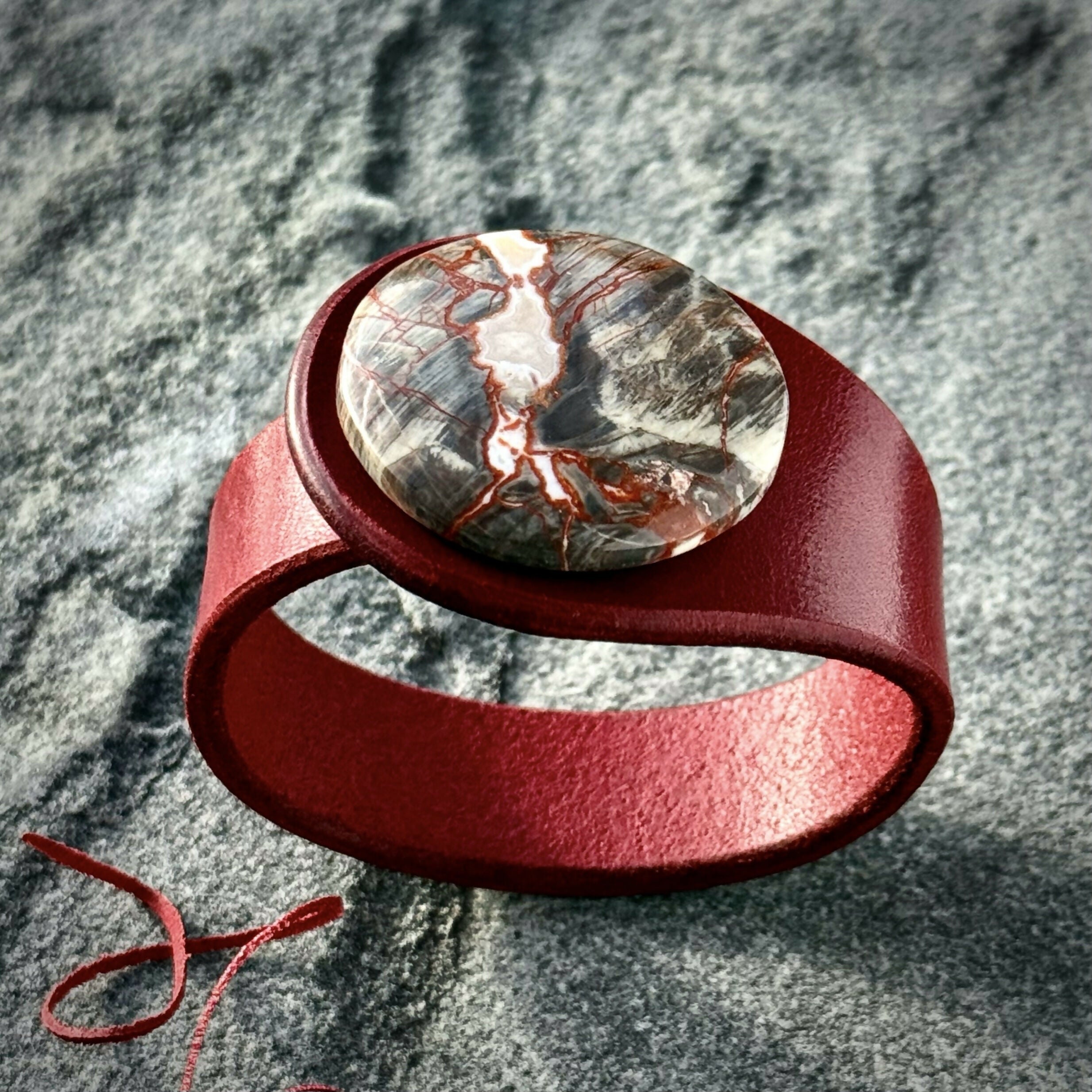 Handcrafted Natural Leather & Money Agate Gemstone Bracelet - Size S or M