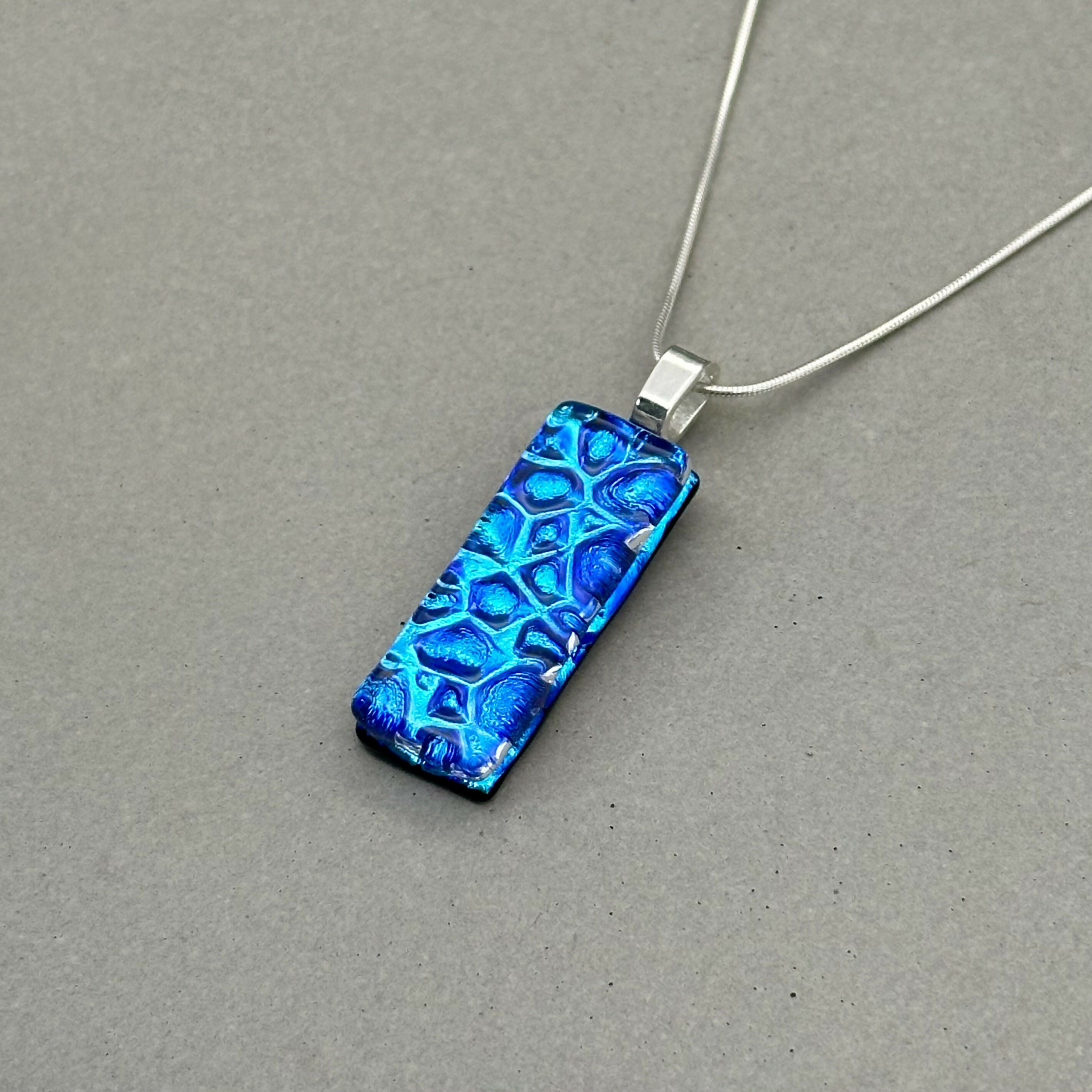 Blue Raindrop Dichroic Fused Glass Pendant with Silver Plated Chain - Handmade by Jade Tapson Glass.