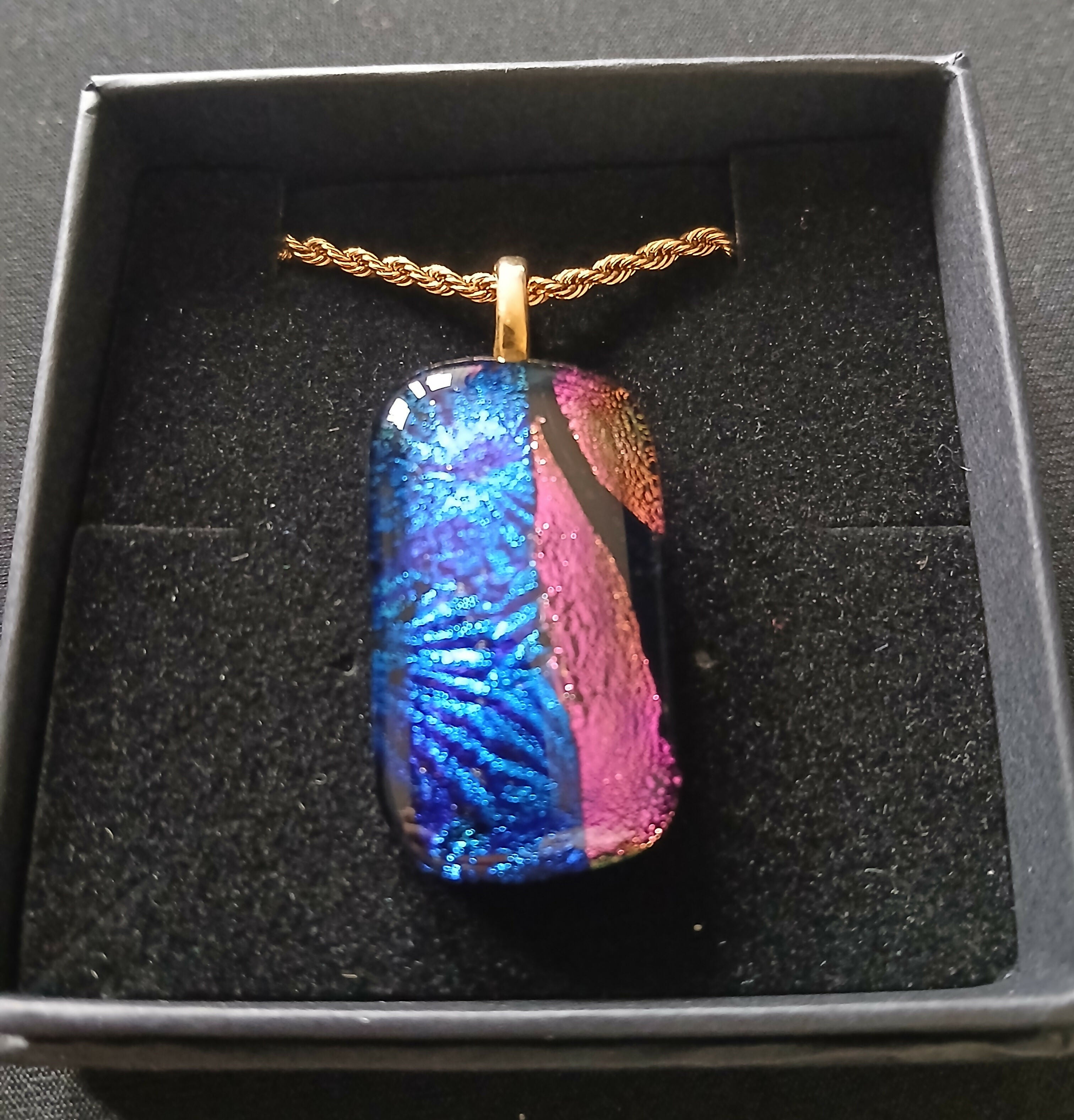 Fused Dichroic Glass Rectangular Pendant With a Gold Coloured Chain Necklace (Blue and Pink)