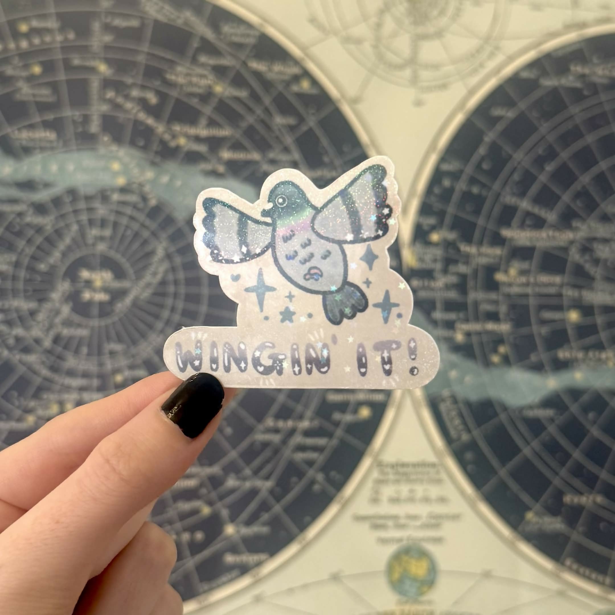 Wingin’ It Pigeon Sparkly Holographic Vinyl Sticker