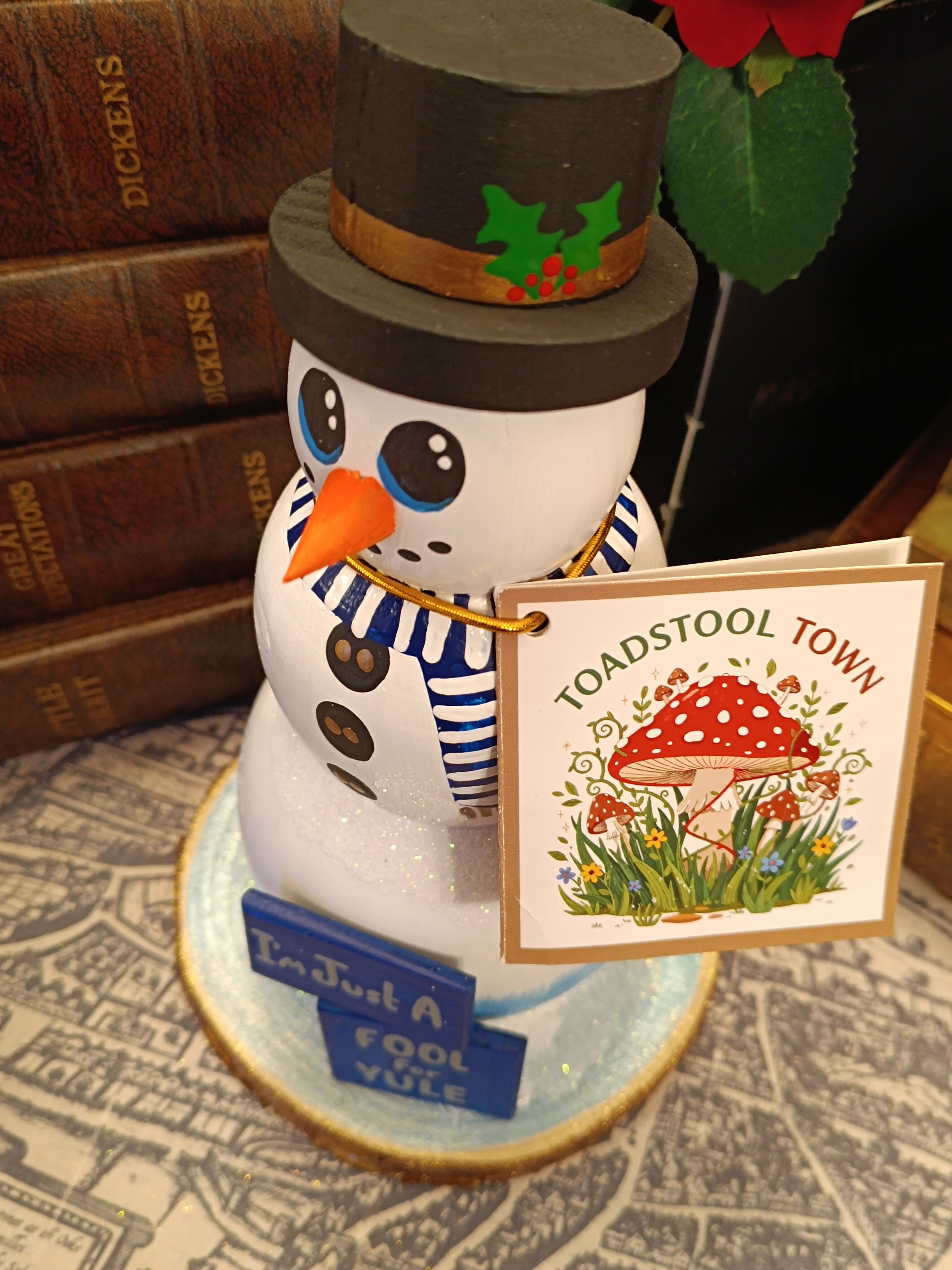 Handcrafted Whimsical Glitter Snowman Figurine with "I'm Just A Fool For Yule" Wooden Sign
