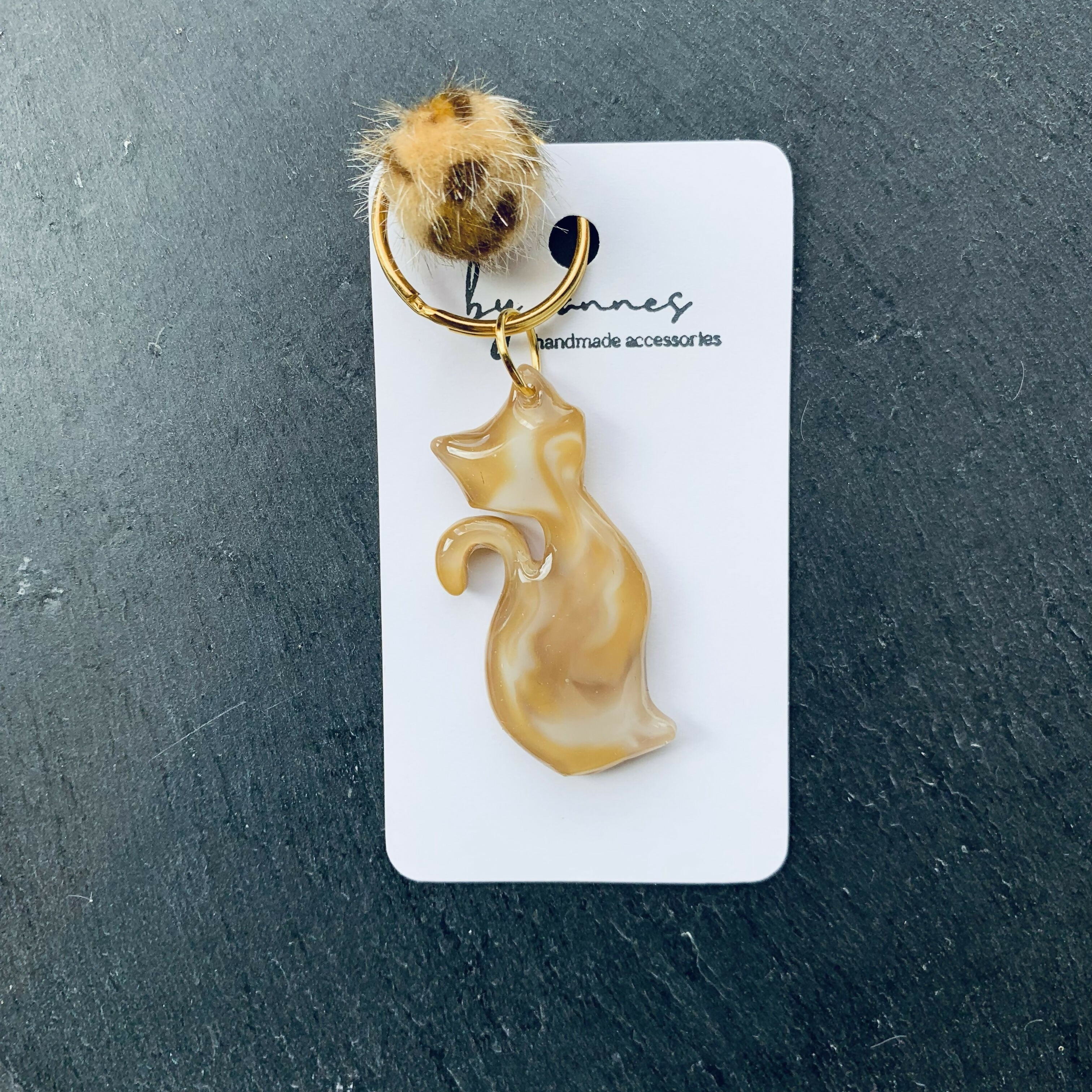 Handcrafted Resin Cat Keyring, Bag Charm with Pom Pom