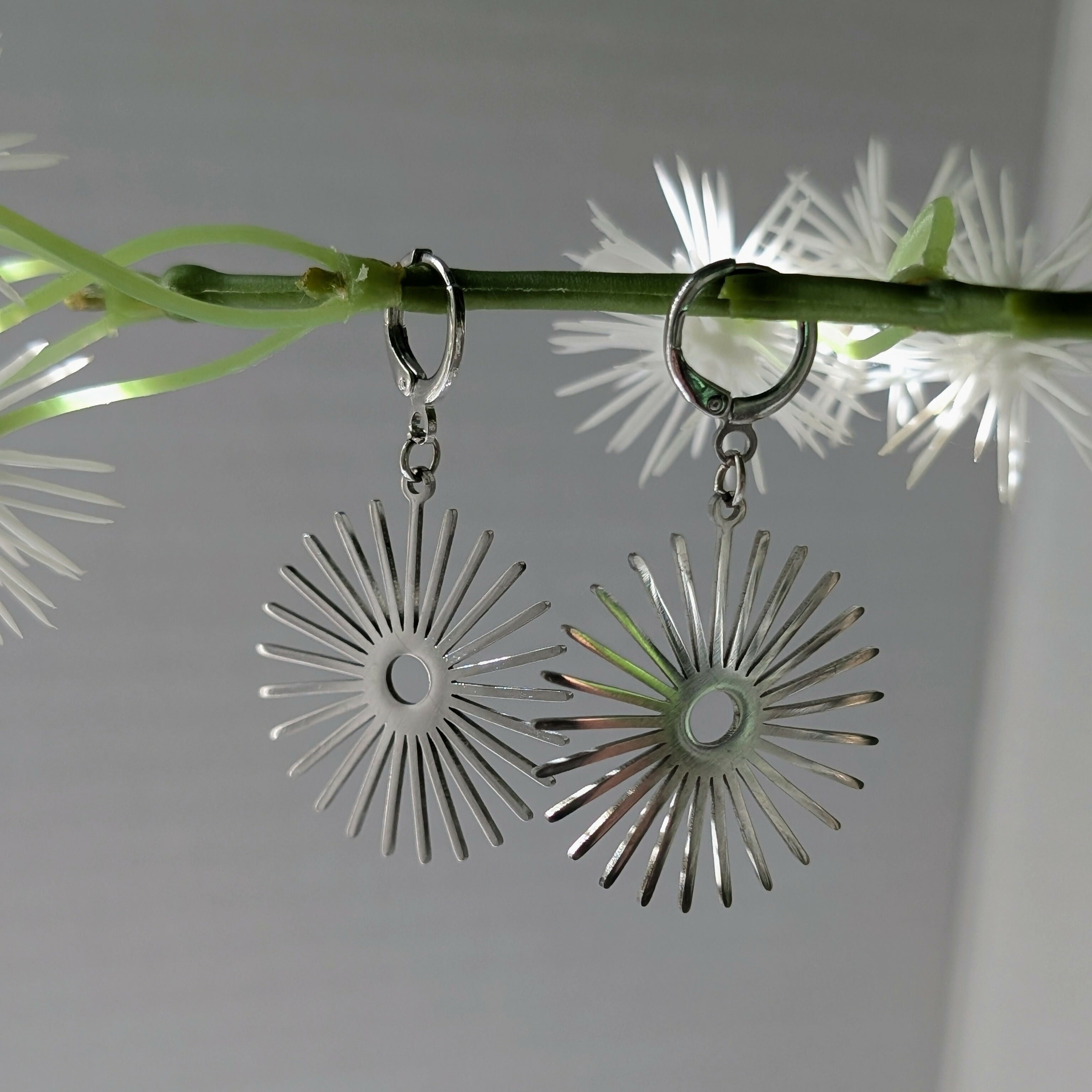 Silver Sunburst Earrings on Gold Plated Huggie