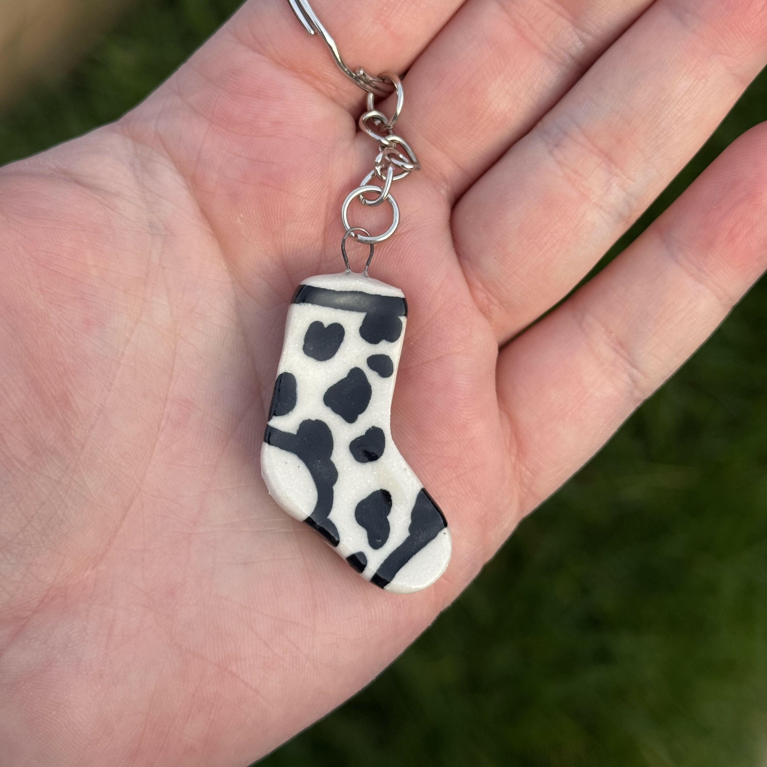 Handmade Ceramic Keyring, Cow Print Sock