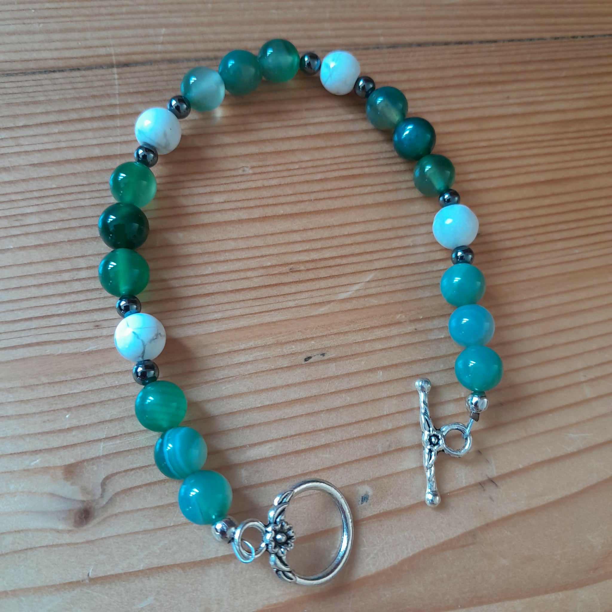 Tibetan Silver toggle Bracelet with Green Banded Agate, Grey Hematite and Veined Howlite.