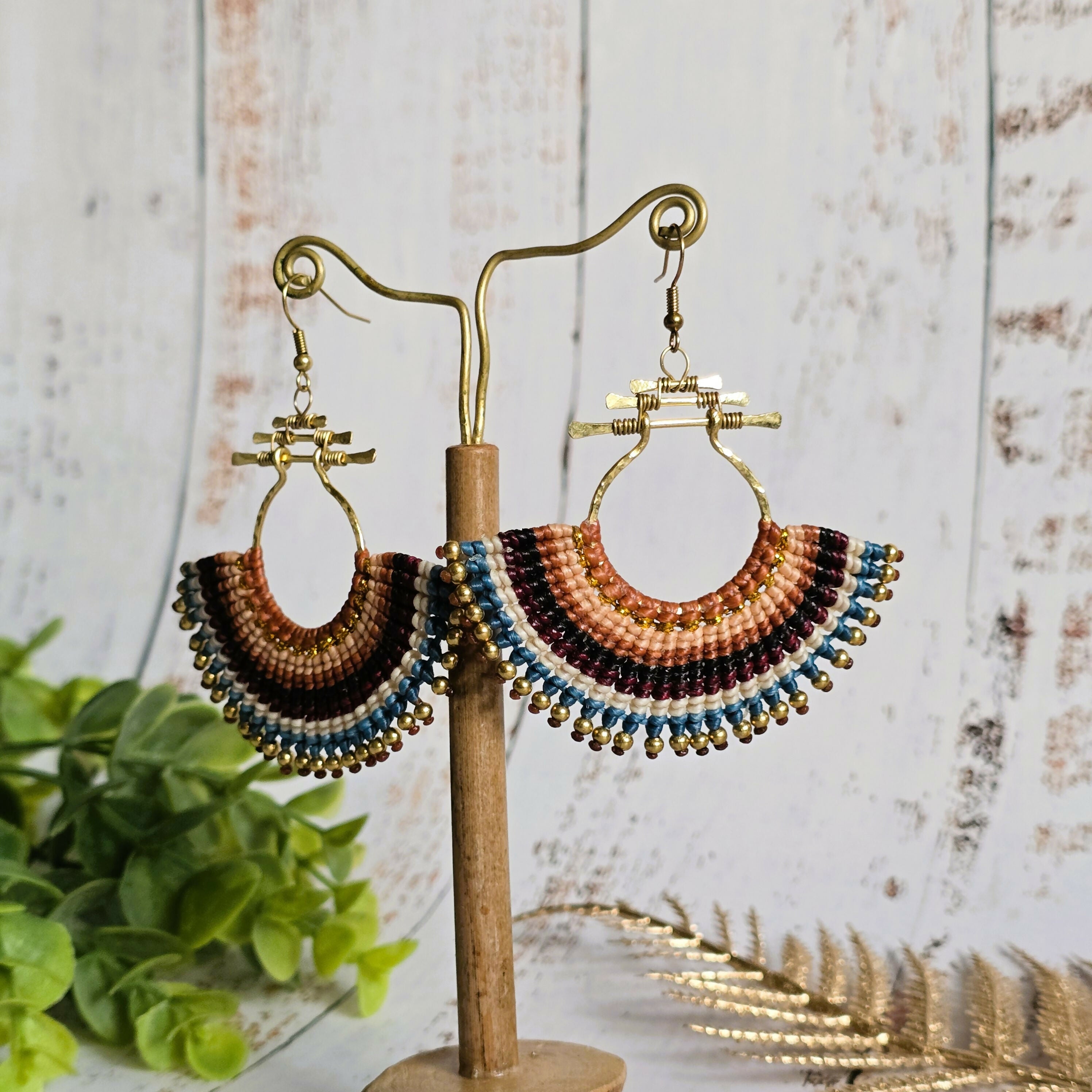 Asian Temple Earrings; Golden Brown Macrame Cord, Gold Hammered Brass Wire Spiral Statement Earrings