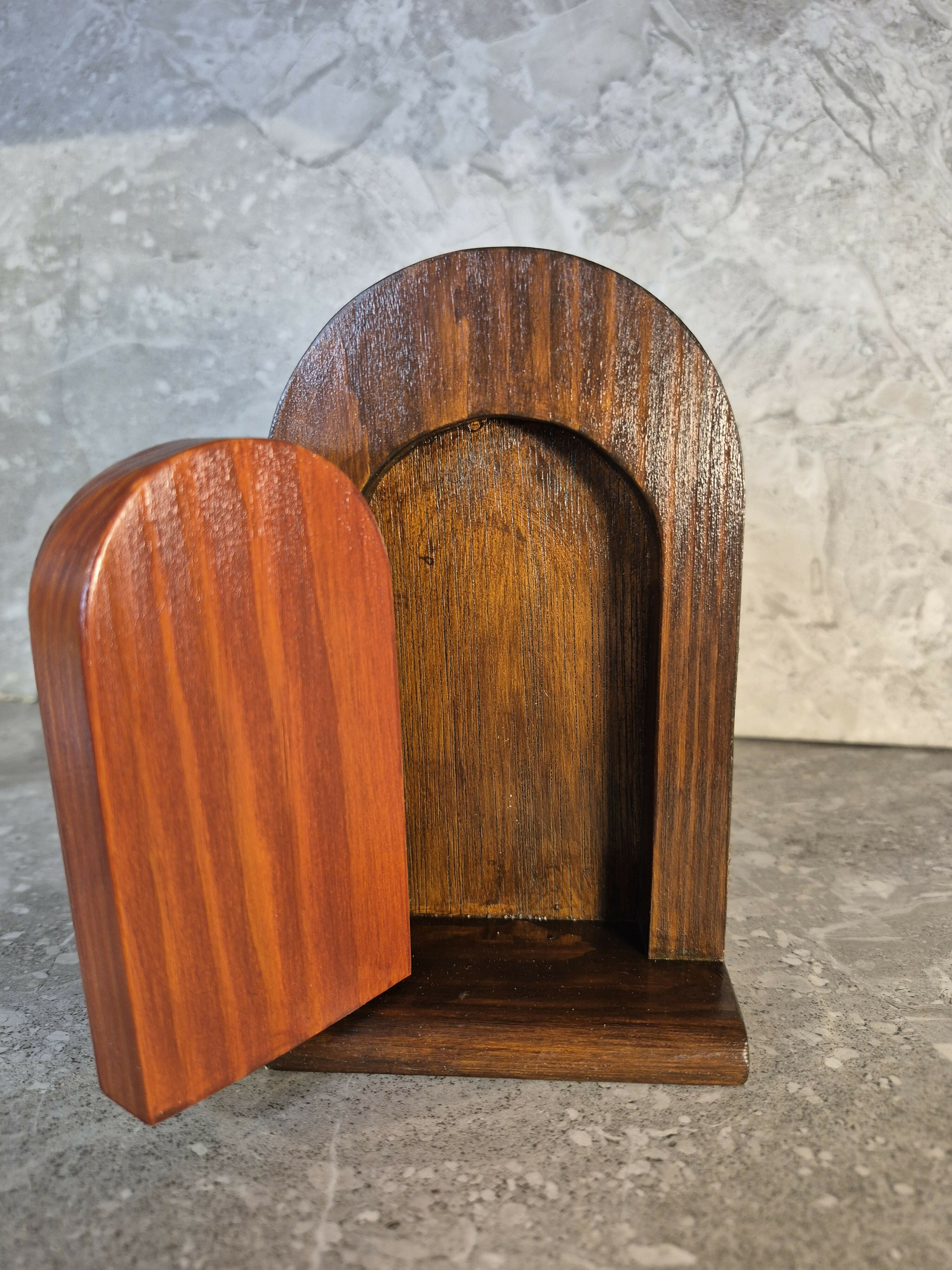 Handcrafted round arch opening wooden fairy door.