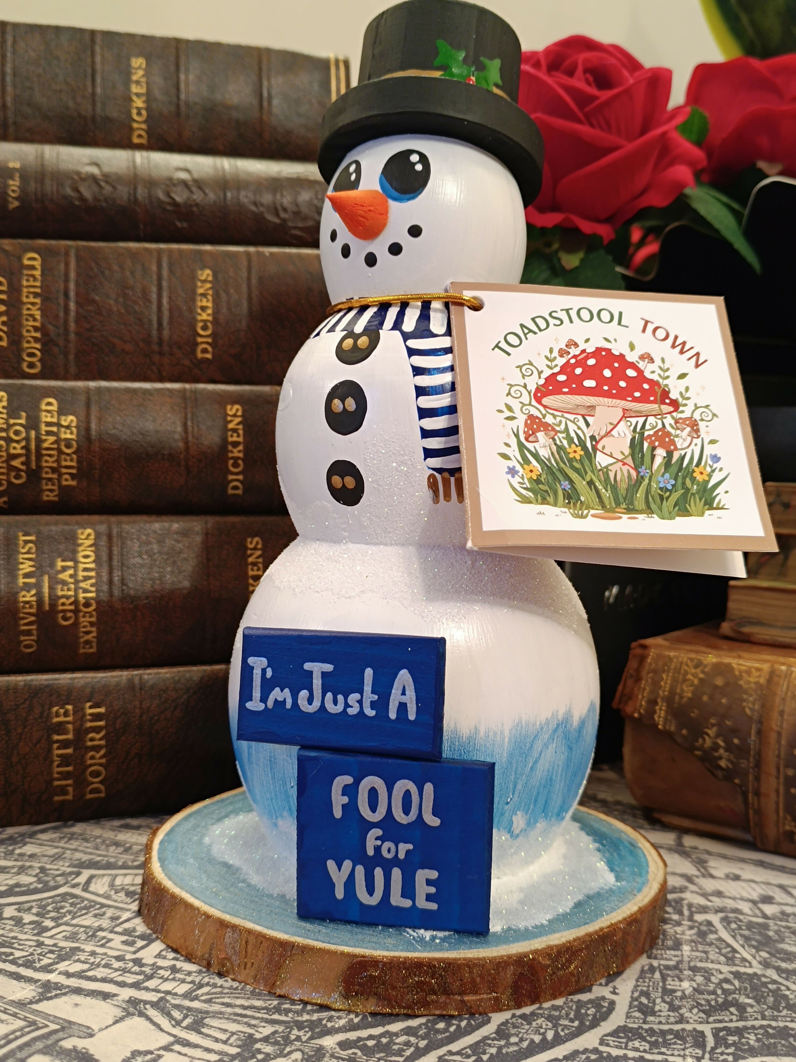 Handcrafted Whimsical Glitter Snowman Figurine with "I'm Just A Fool For Yule" Wooden Sign