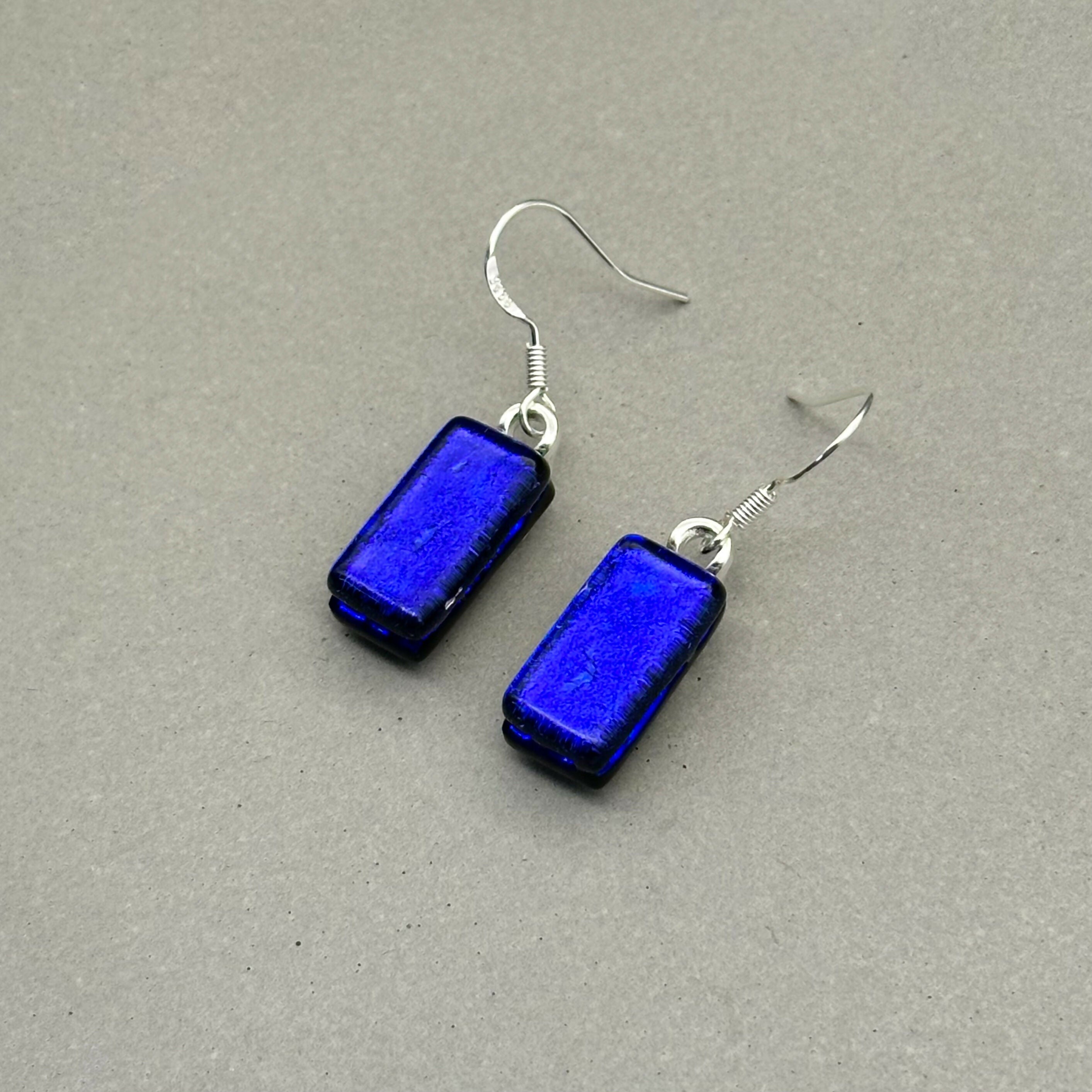 Cobalt Blue Dichroic Fused Glass Dangle Sterling Silver Earrings - Handmade by Jade Tapson Glass.