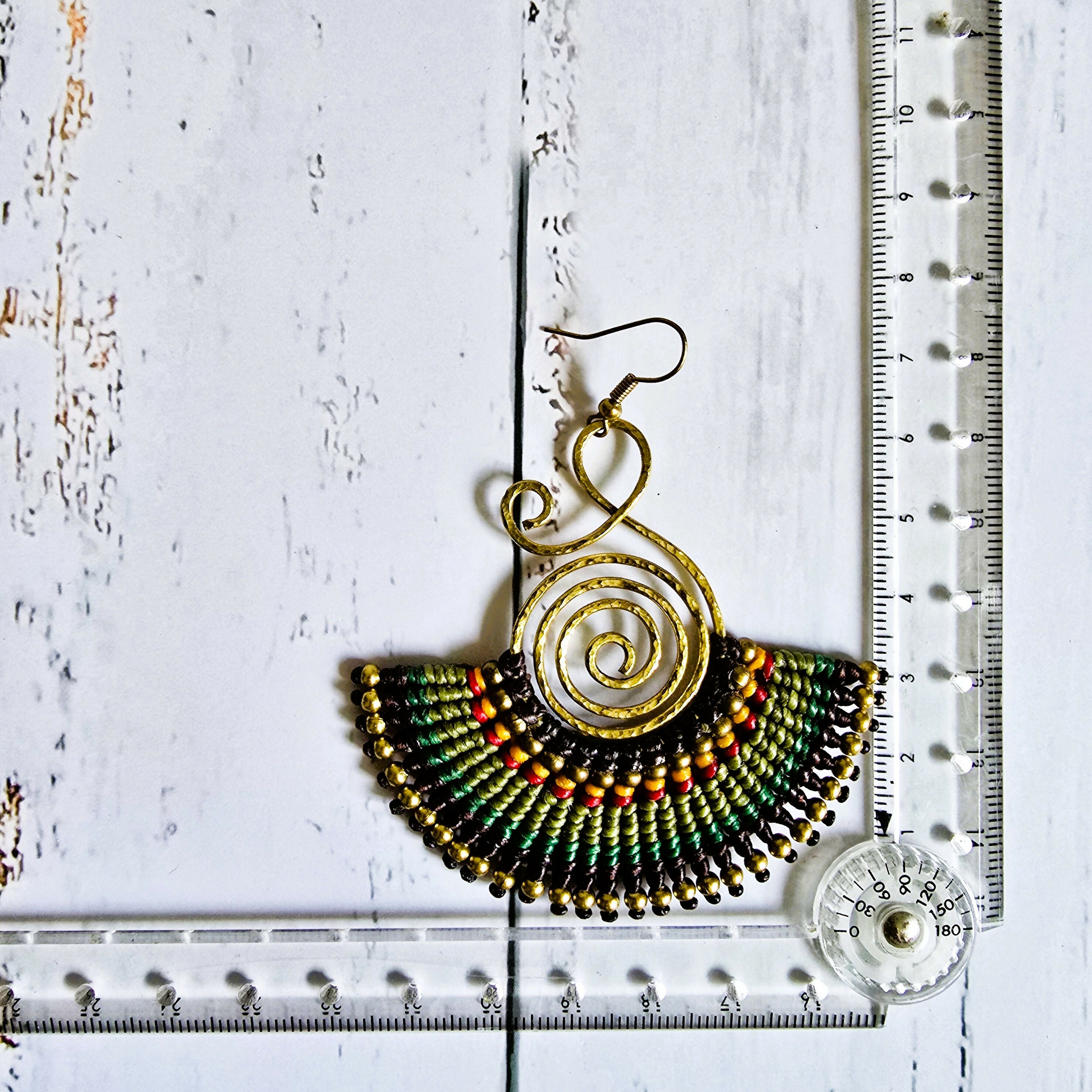 Emerald Green Fan Earrings; Bold Bohemian Macramé & Gold Wire-Art Statement Earrings