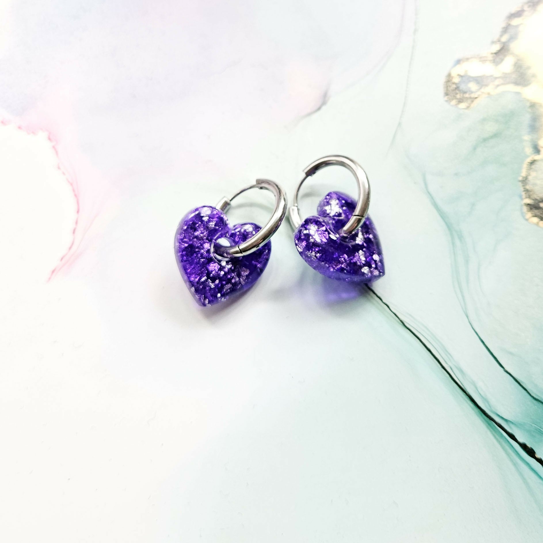 Handmade Purple And Silver Resin Heart Charms On Chunky Hoops