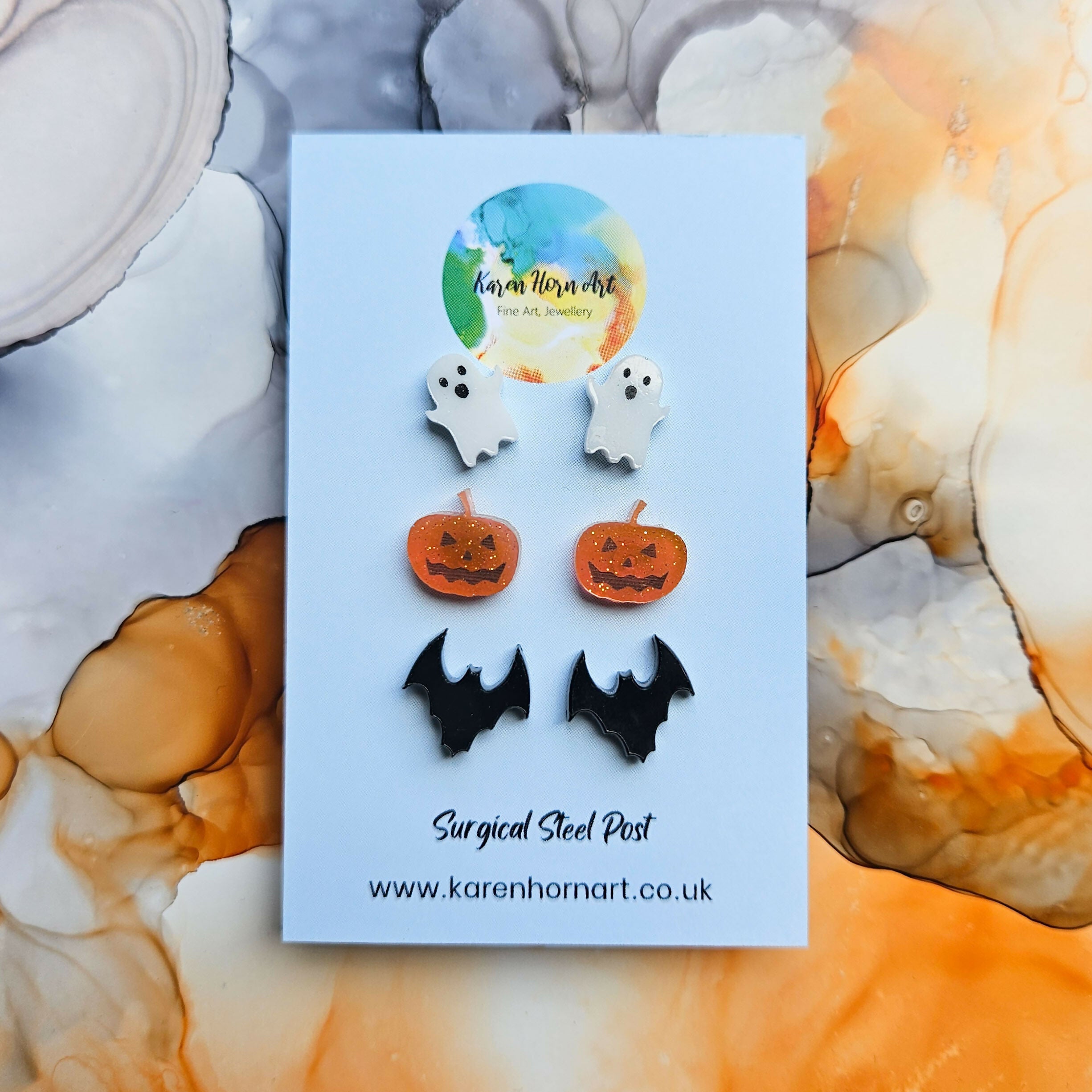 Handmade Ghost Pumpkins Bats Halloween 3 Pack Resin Stud Earrings