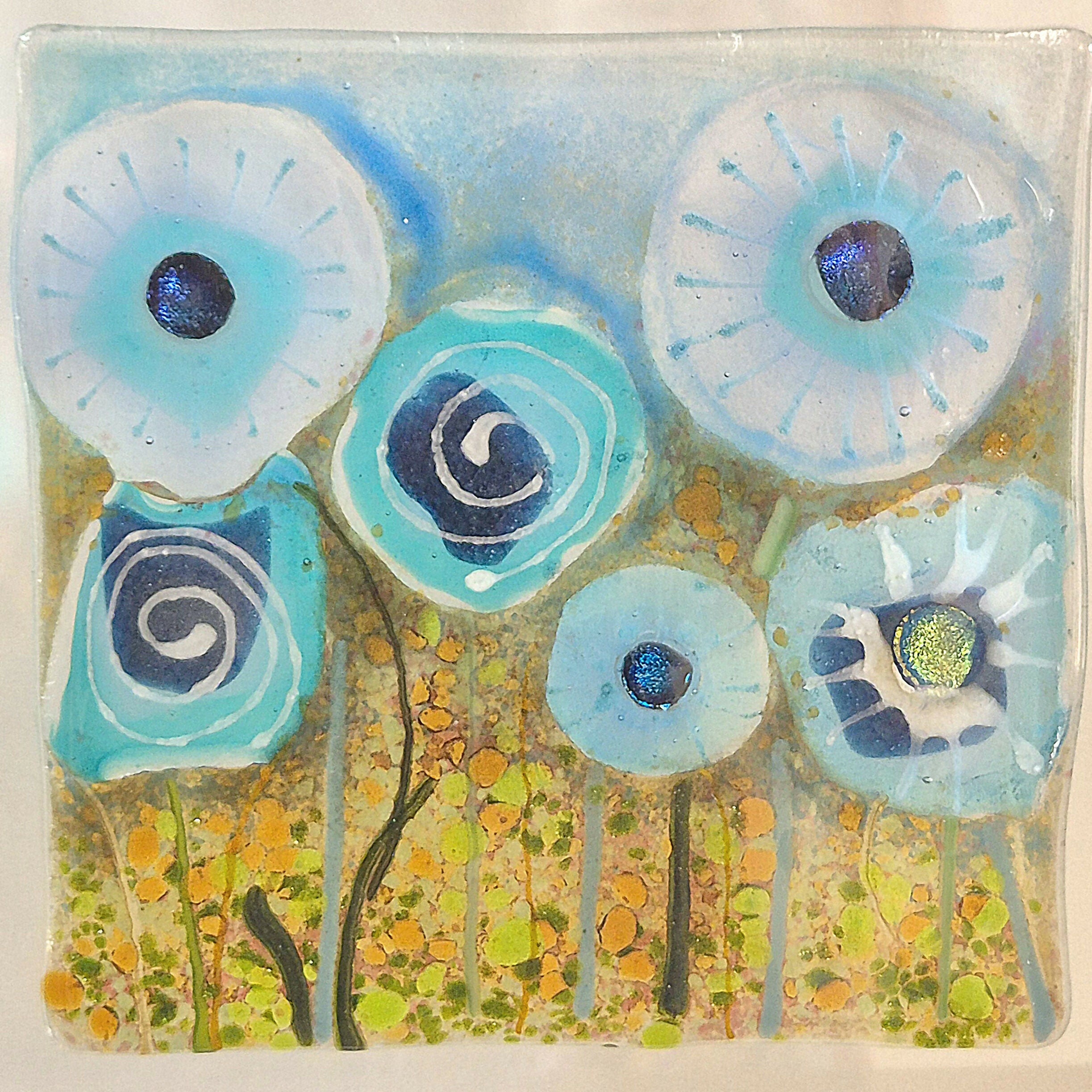 Fused Glass Blue Flower Deep Box Frame