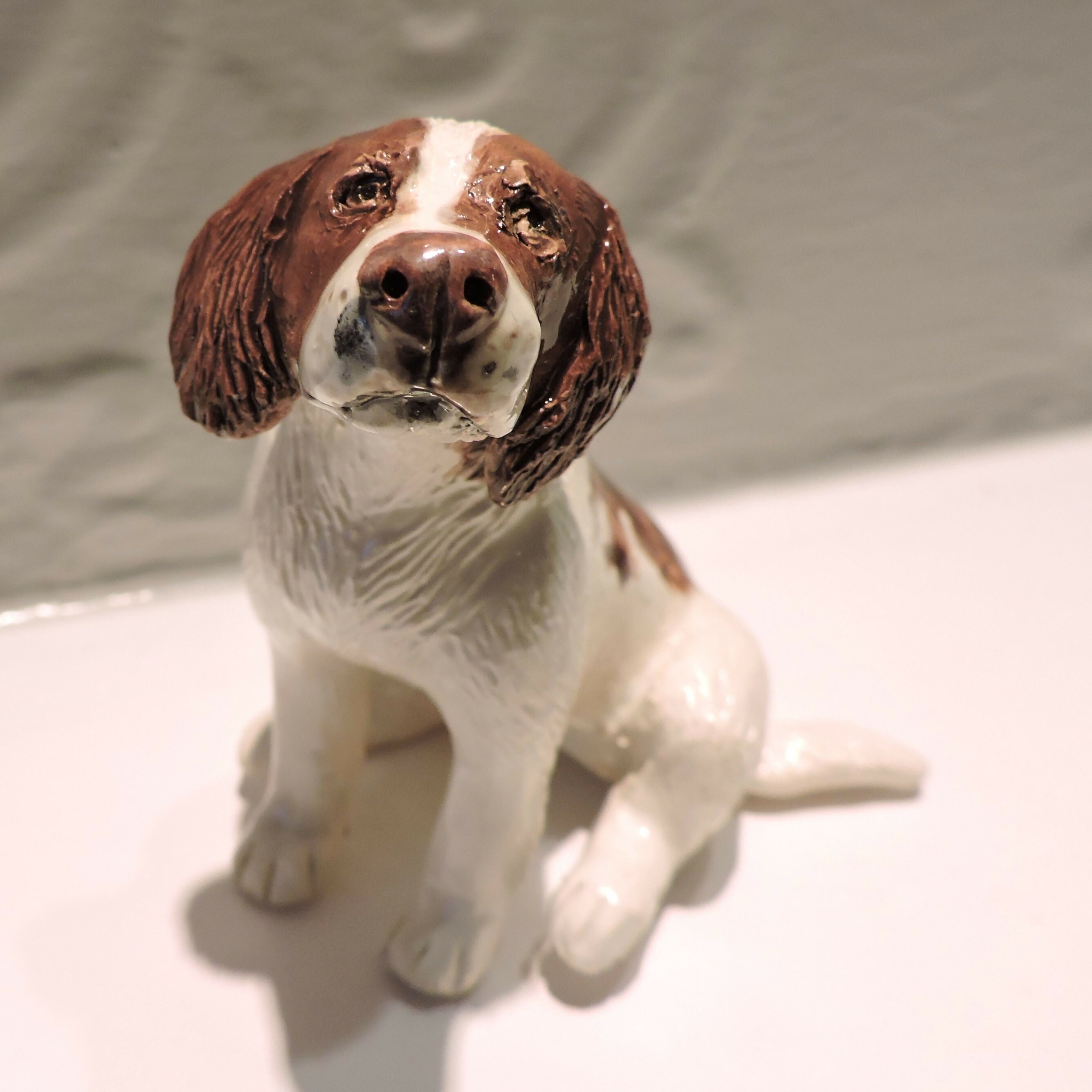 Ceramic Springer Spaniel dog sculpture, Liver and white
