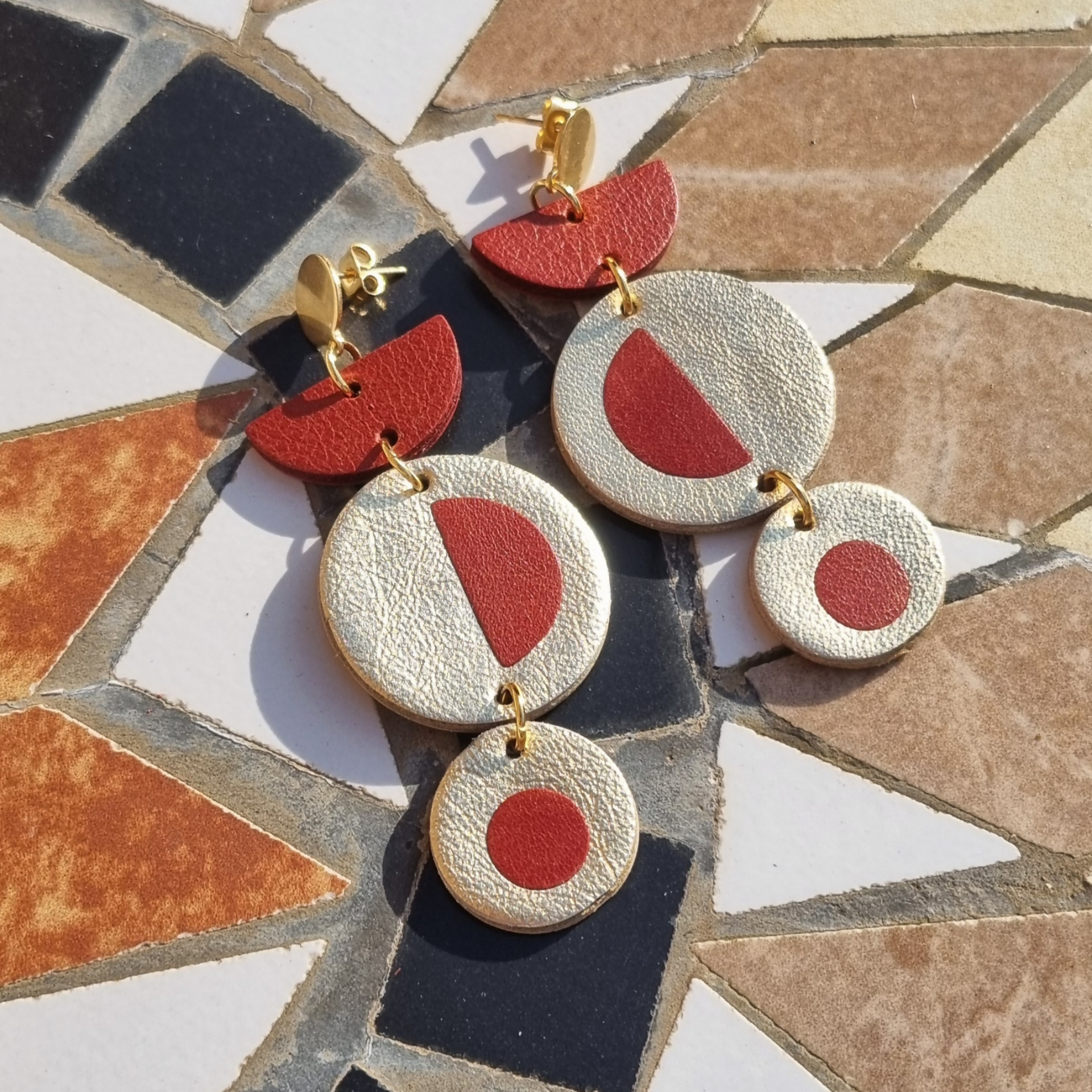 Three Tiered Gold and Red Inlay Earrings