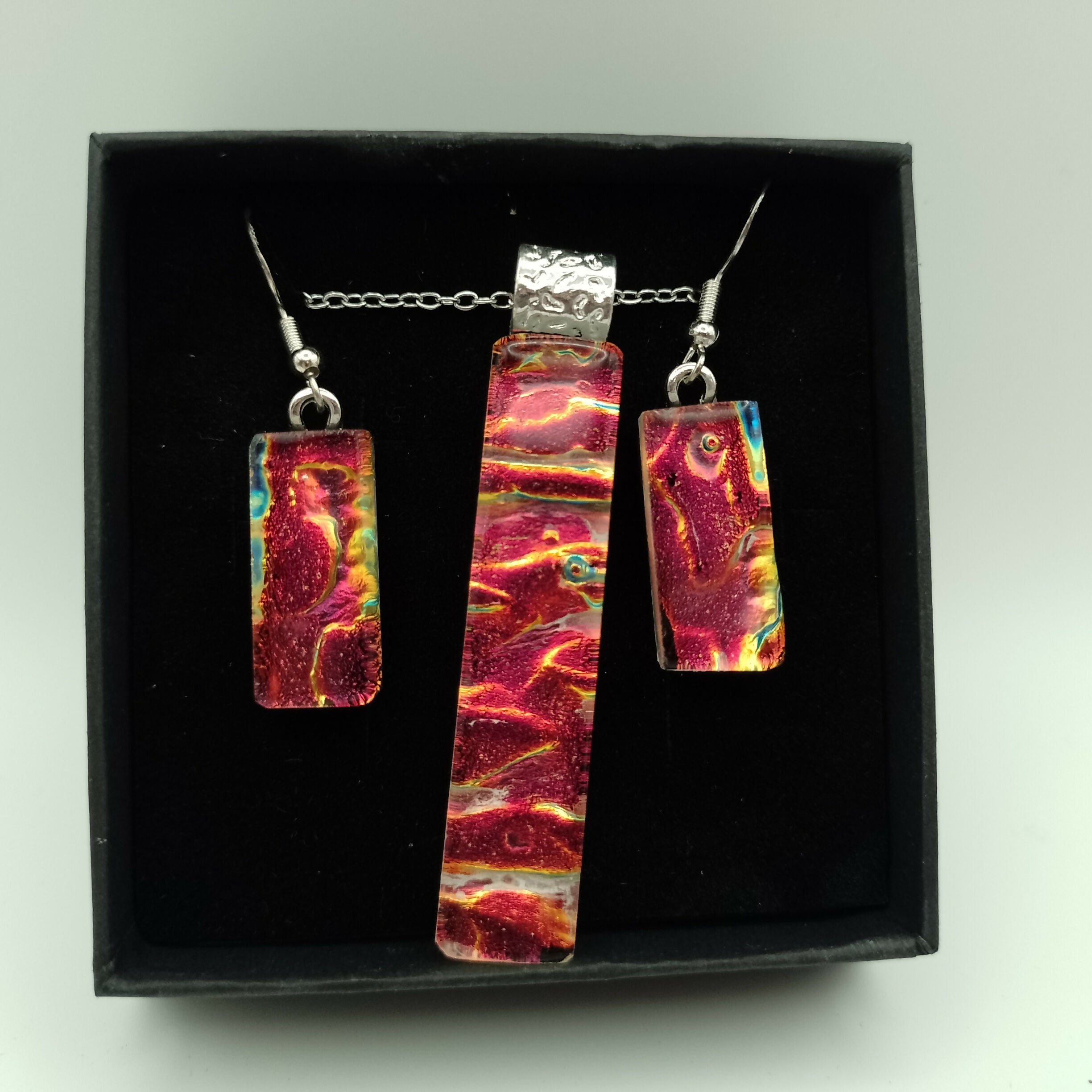 Dichroic Glass Red and Gold Ripple Pendant and Earring Set