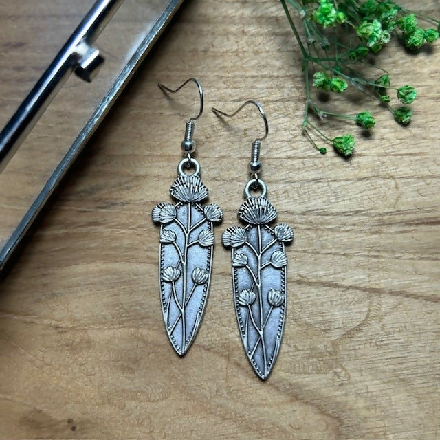 Large Antique Silver Plated Thistle Earrings