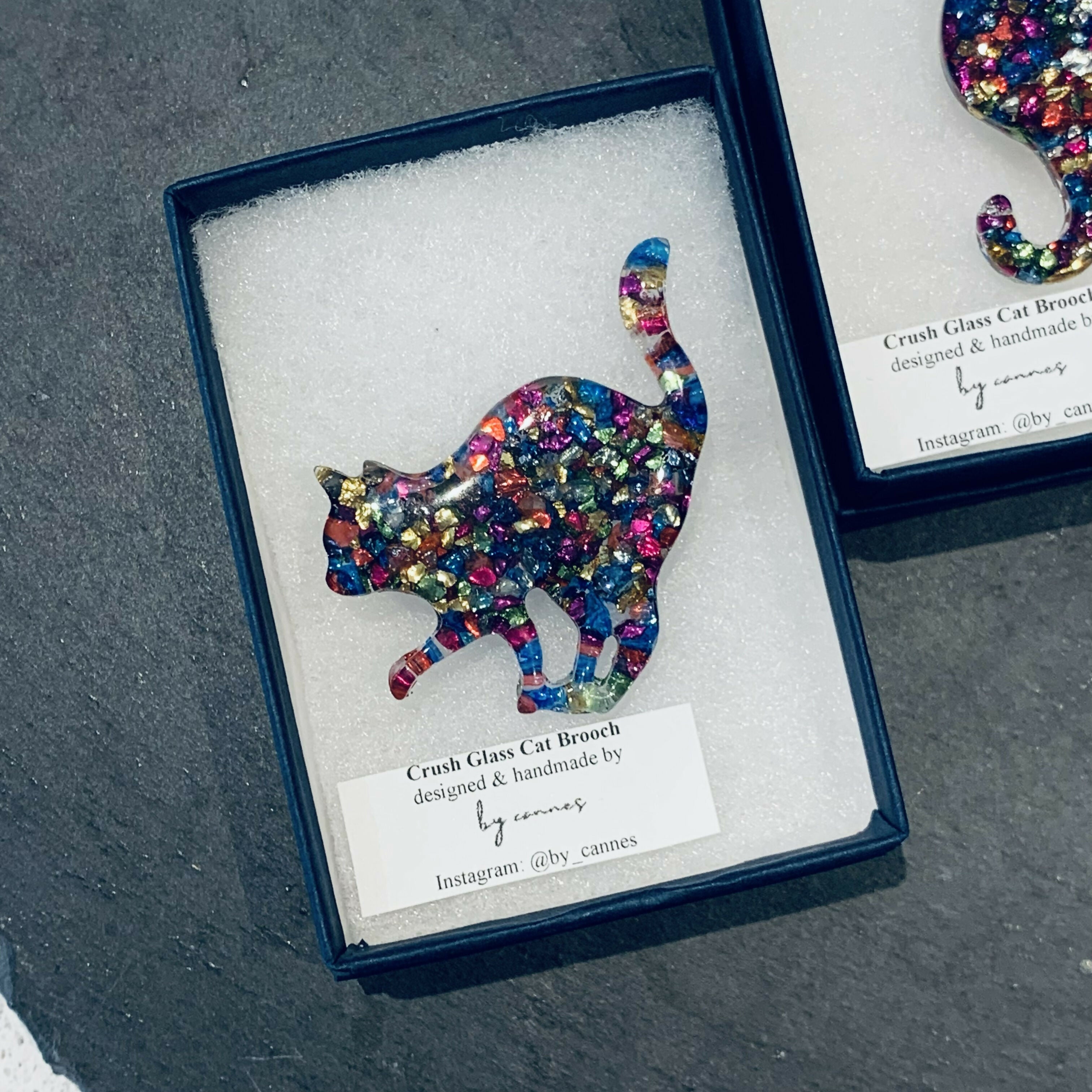 Hand Cast Mosaic Crush Glass Cat Brooch