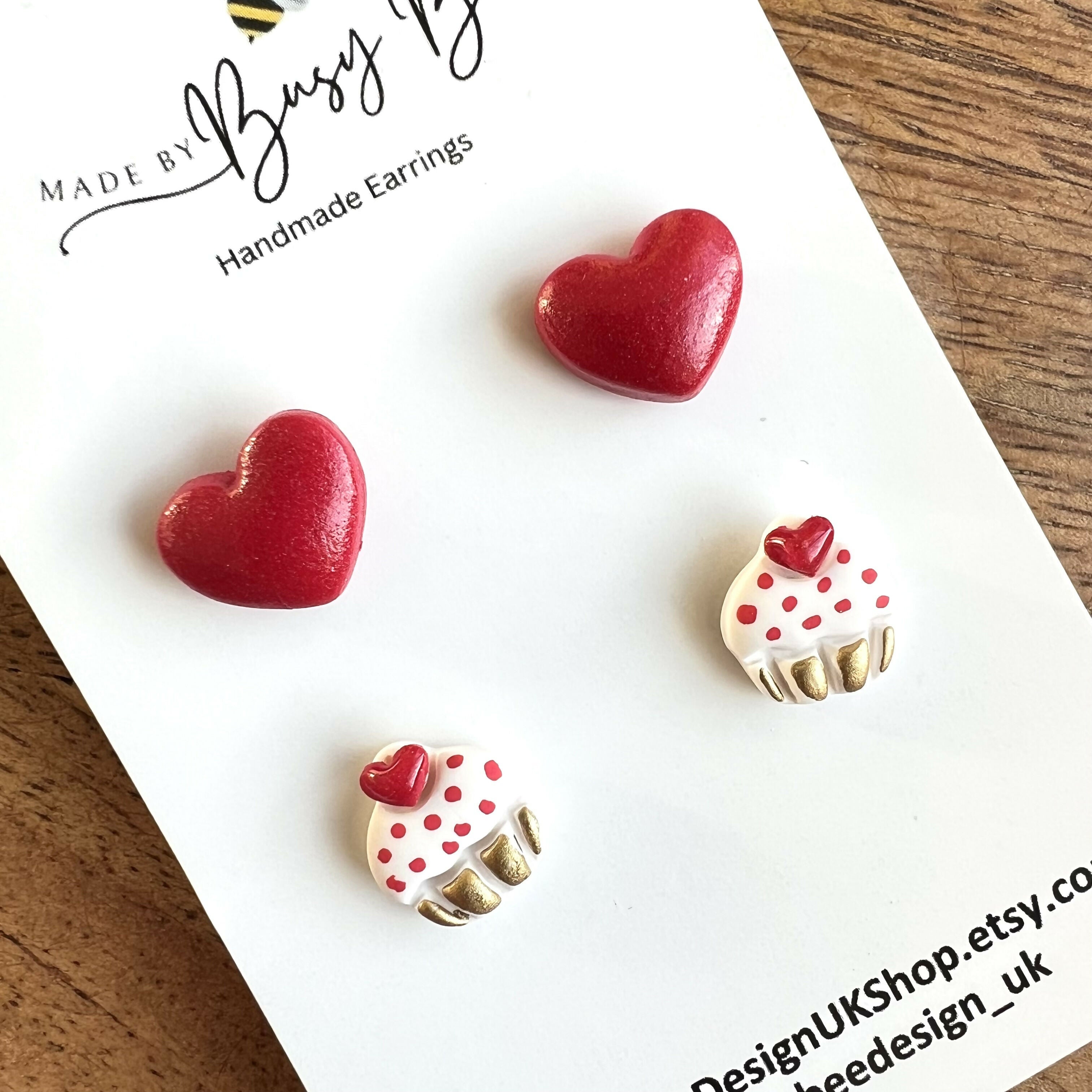 Valentines Day Stud Earrings / Set of 2 pairs of Studs / Handmade Polymer Clay Jewellery