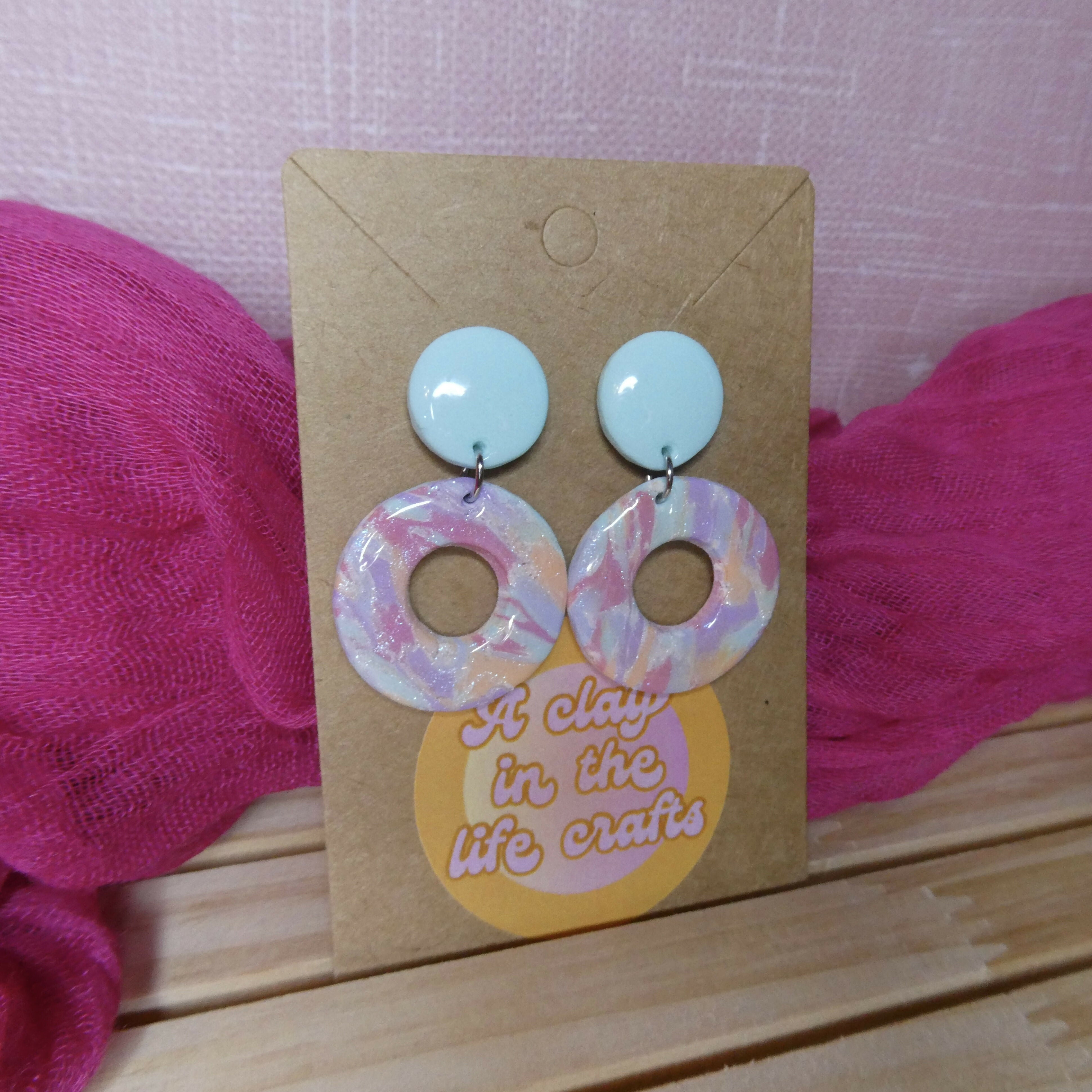 Pastel Mosaic Iridescent Circle Ring Polymer Clay Earrings