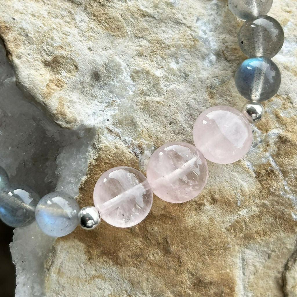 Handmade Sterling Silver Rose Quartz And Labradorite Stretch Bracelet
