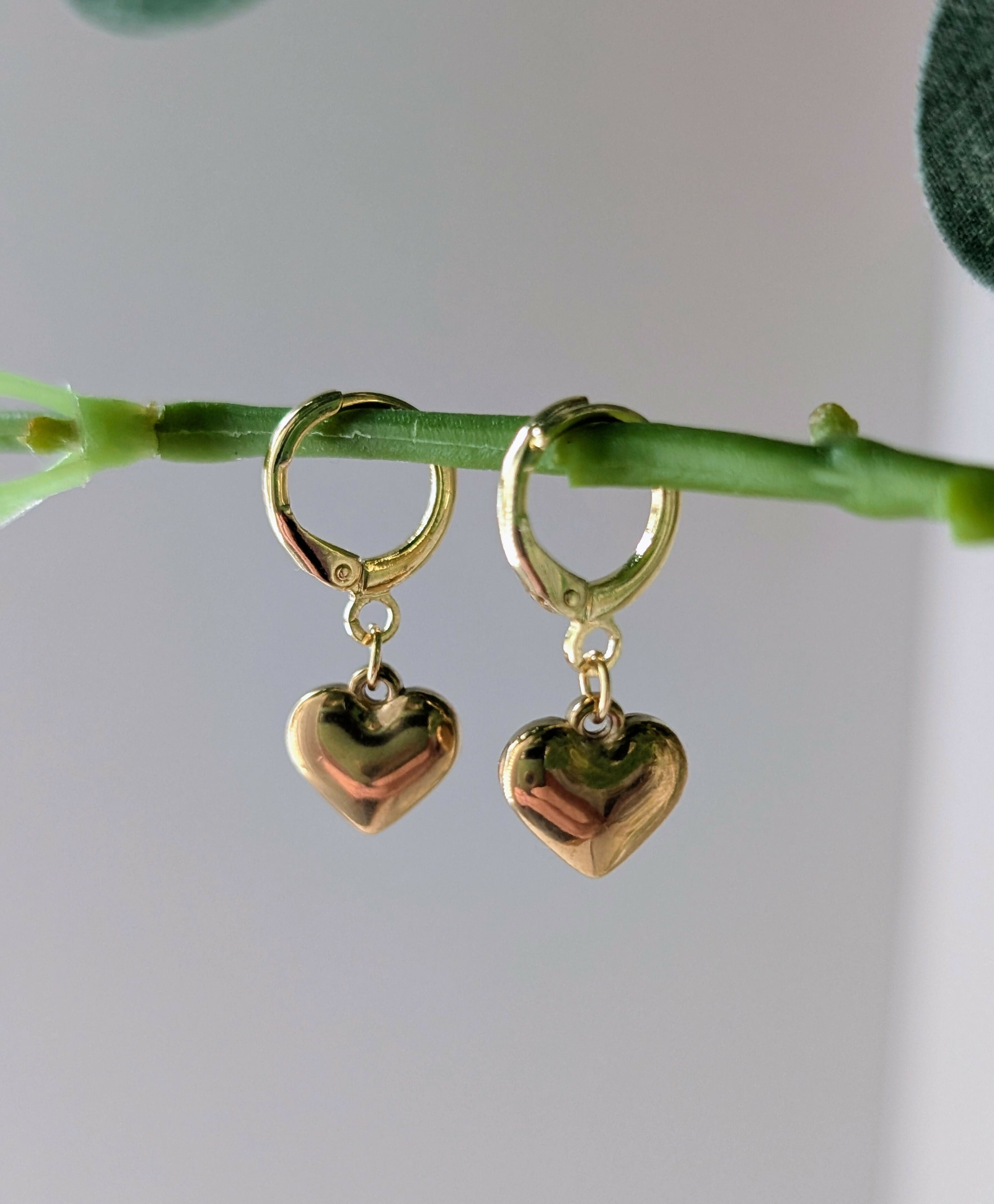 Chunky Gold 3D Heart Charm Huggie Earrings