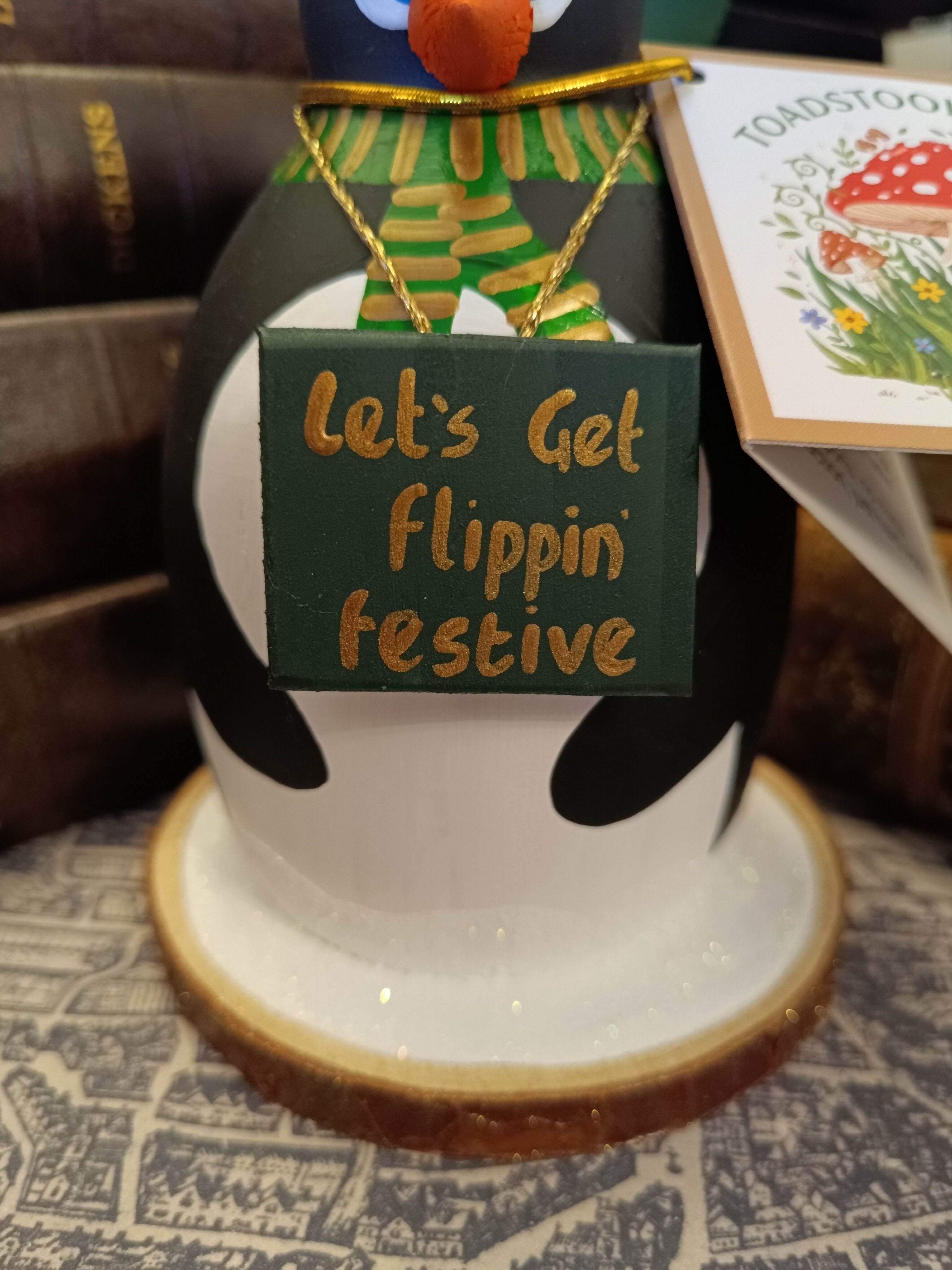 Handmade Wooden Holiday Penguin Figurine - "Let's Get Flippin' Festive"