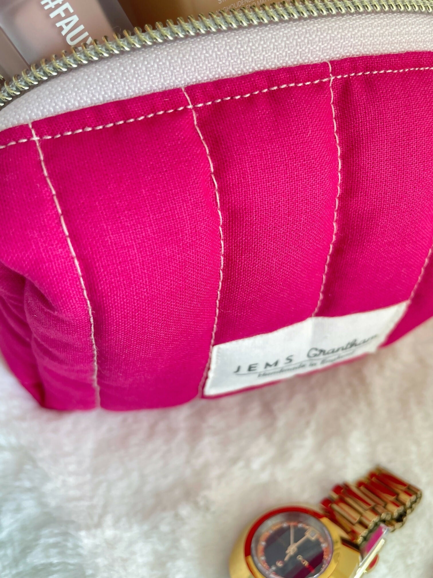 Small Quilted Toiletry Bag with Zipper in Red or Pink Colour