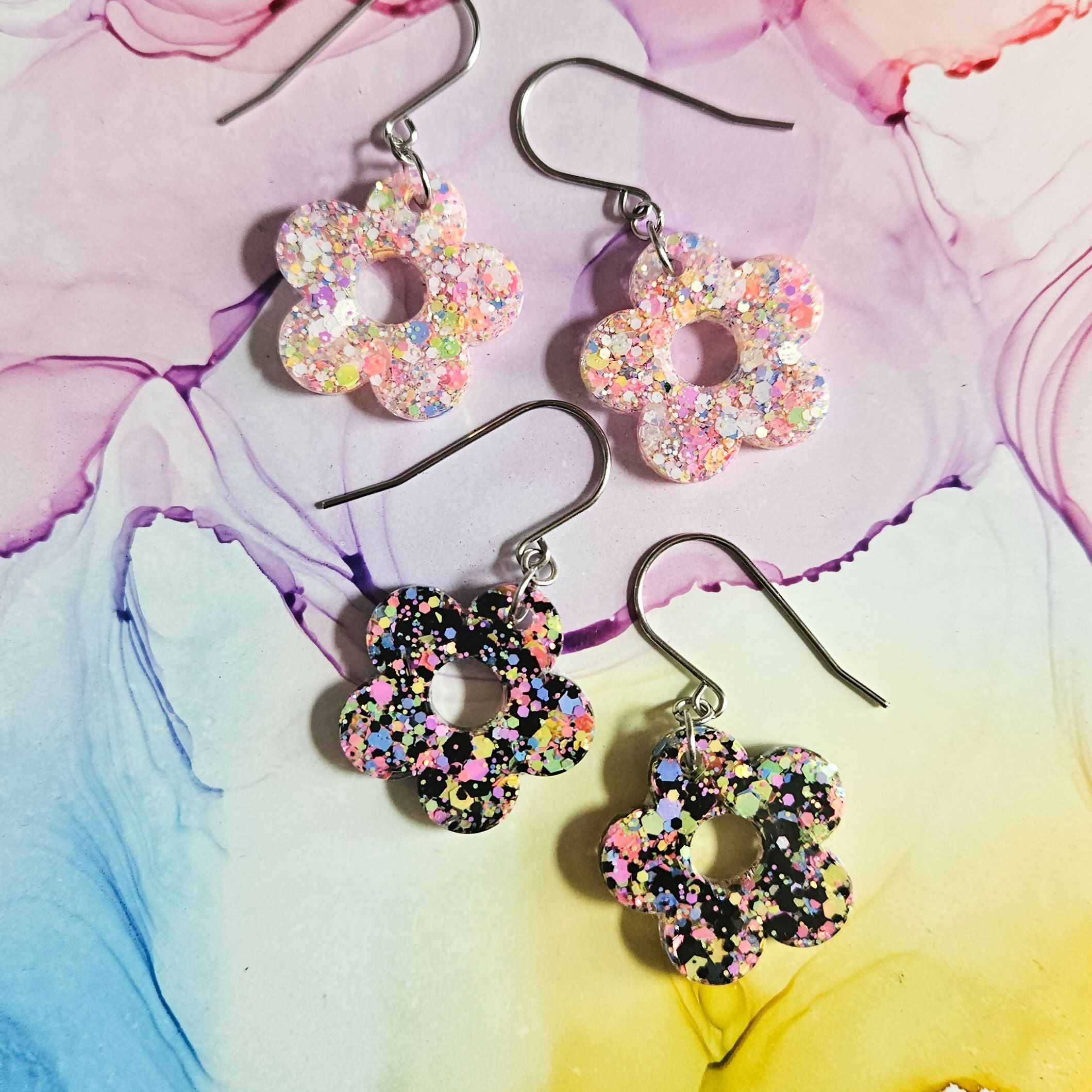 Handmade Resin Glitter Flower Drop Earrings