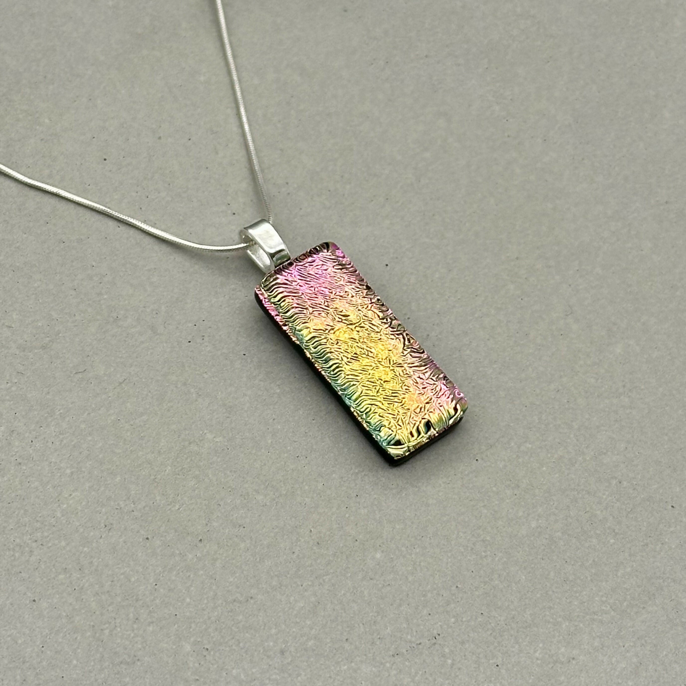 Pink & Yellow Dichroic Glass Necklace and Earrings Set - Sterling Silver, Handmade by Jade Tapson Glass
