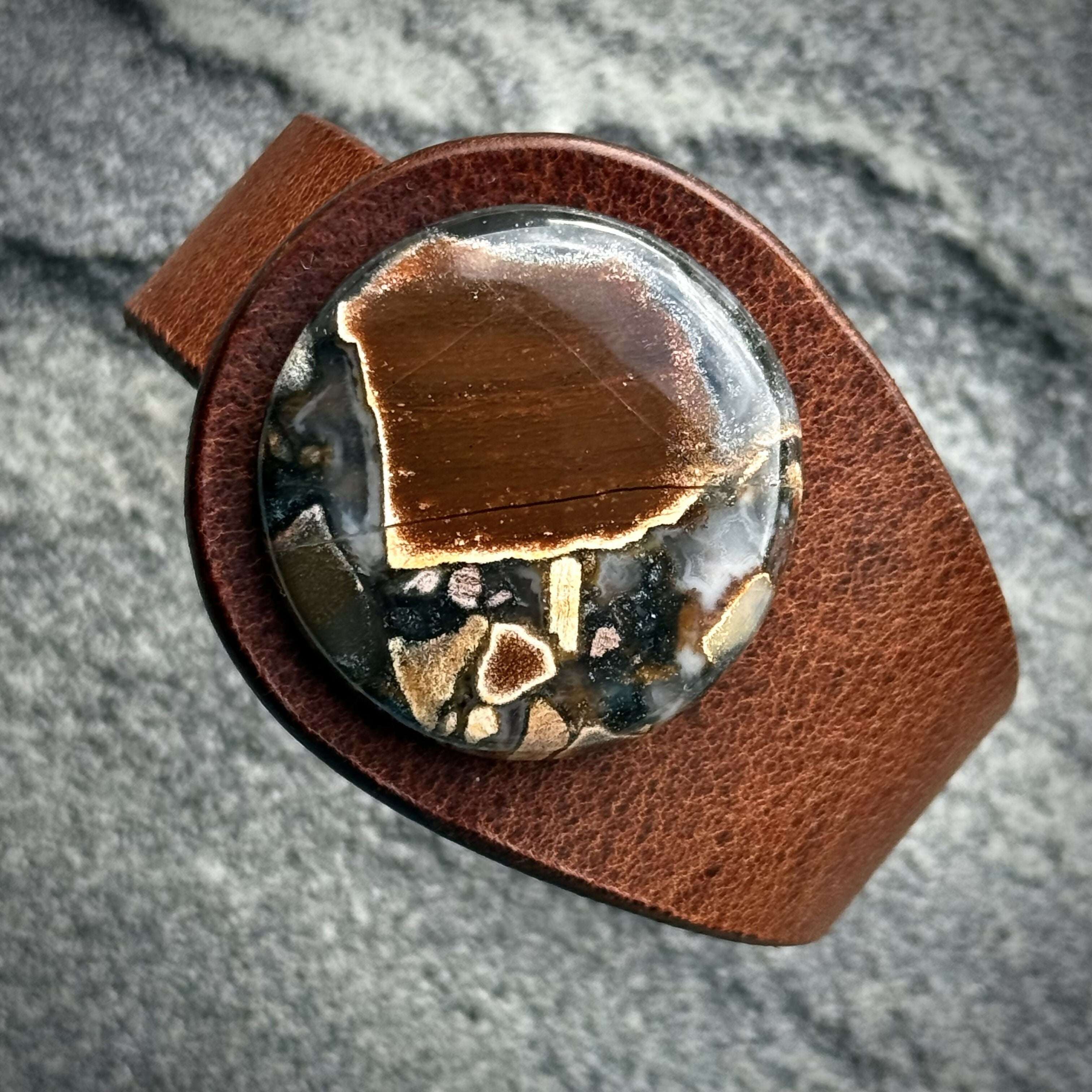 Handcrafted Natural Leather & Taboo Jasper Gemstone Bracelet - Size S or M