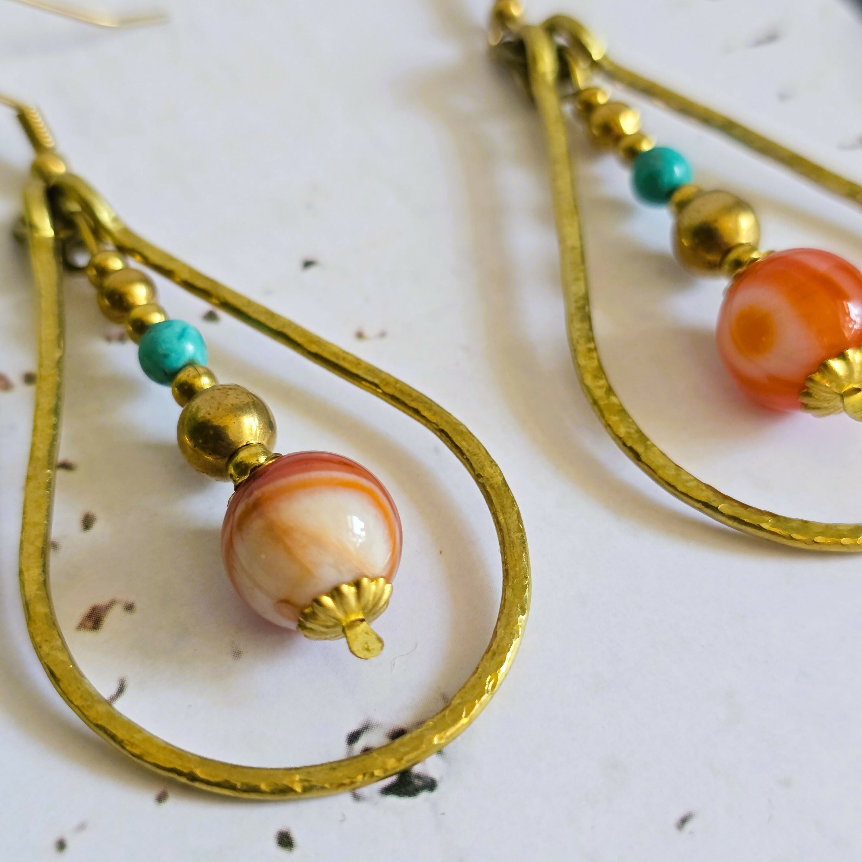 Gold Wire Crystal Earrings; Turquoise & Orange Agate Bohemian Teardrop Earrings